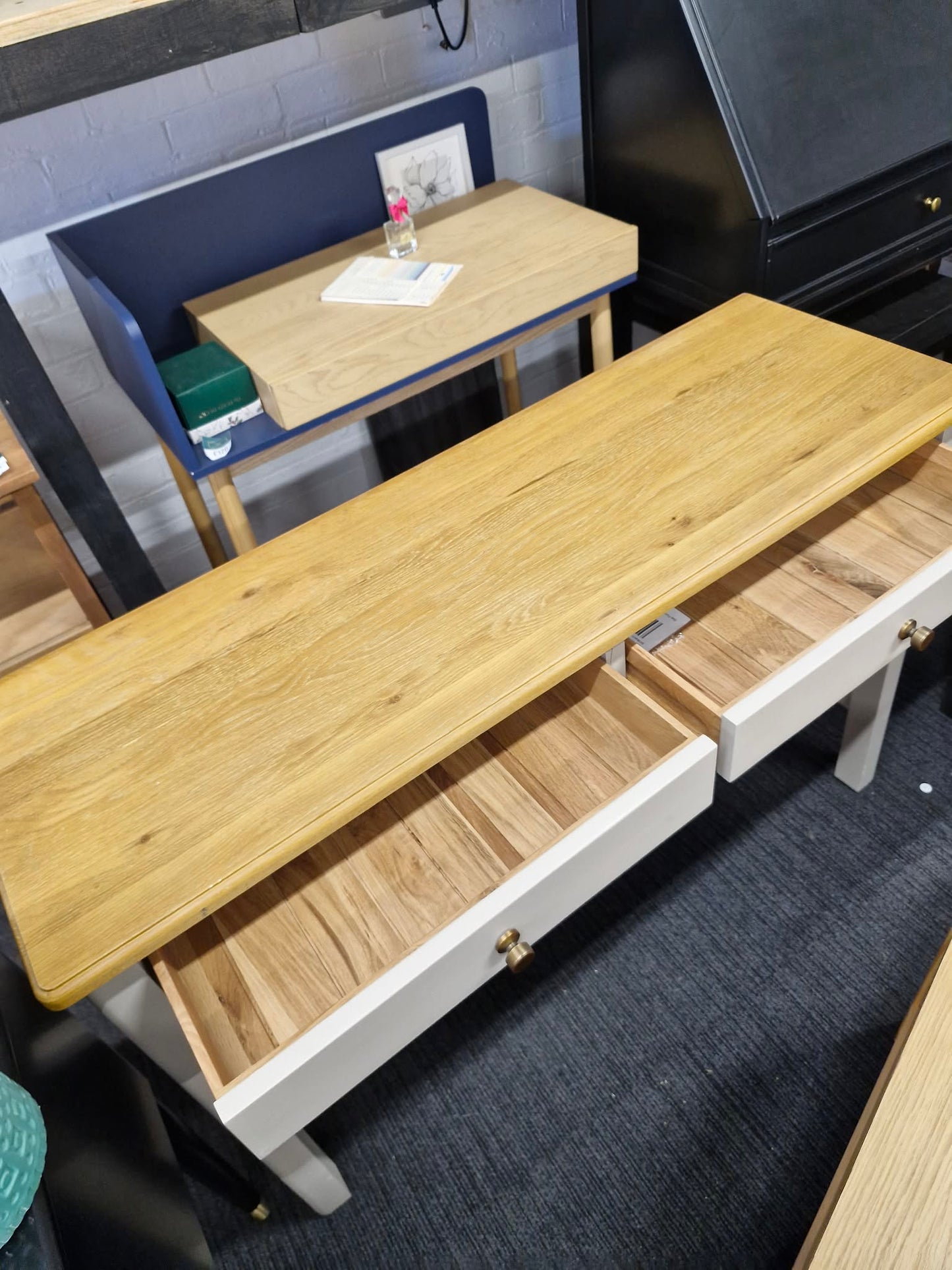 Grey and Solid Oak Large Console Table with 2 drawers / Desk / Vanity Dressing Make Up Table