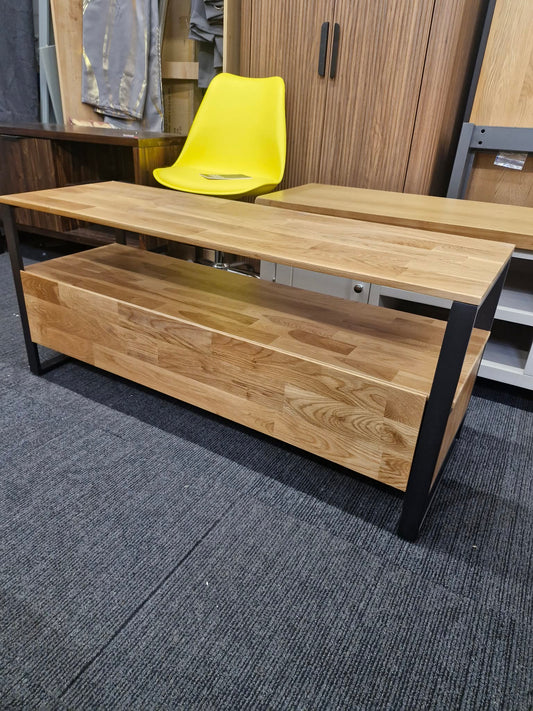 Solid Oak and Black Metal Steel TV Stand with storage  / Industrial Style