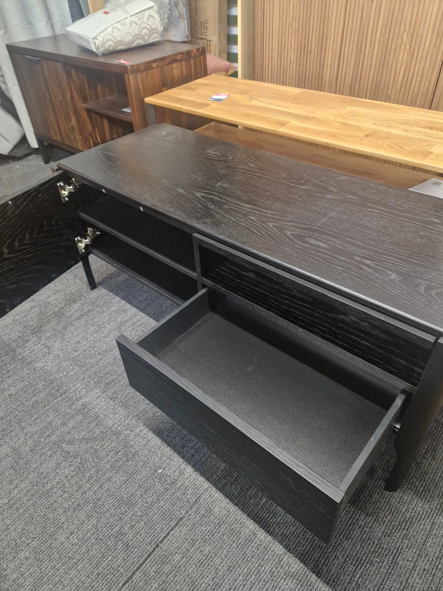 Black Wooden TV Stand Unit with drawer, doors and open shelf