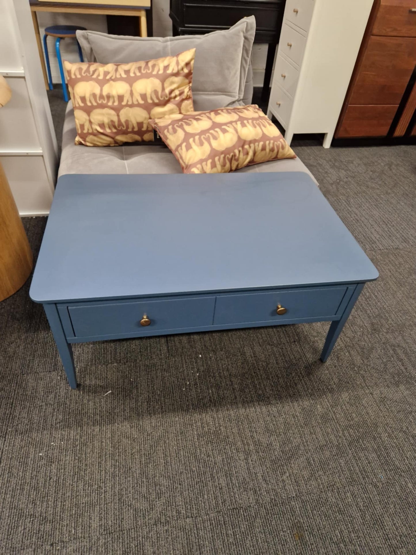 Blue Solid Wood Coffee Table with Storage Drawer