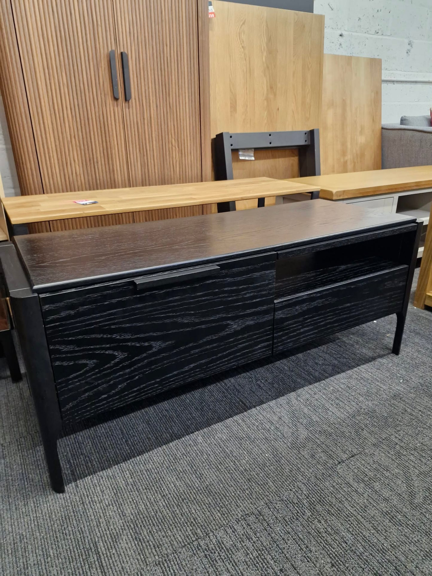Black Wooden TV Stand Unit with drawer, doors and open shelf