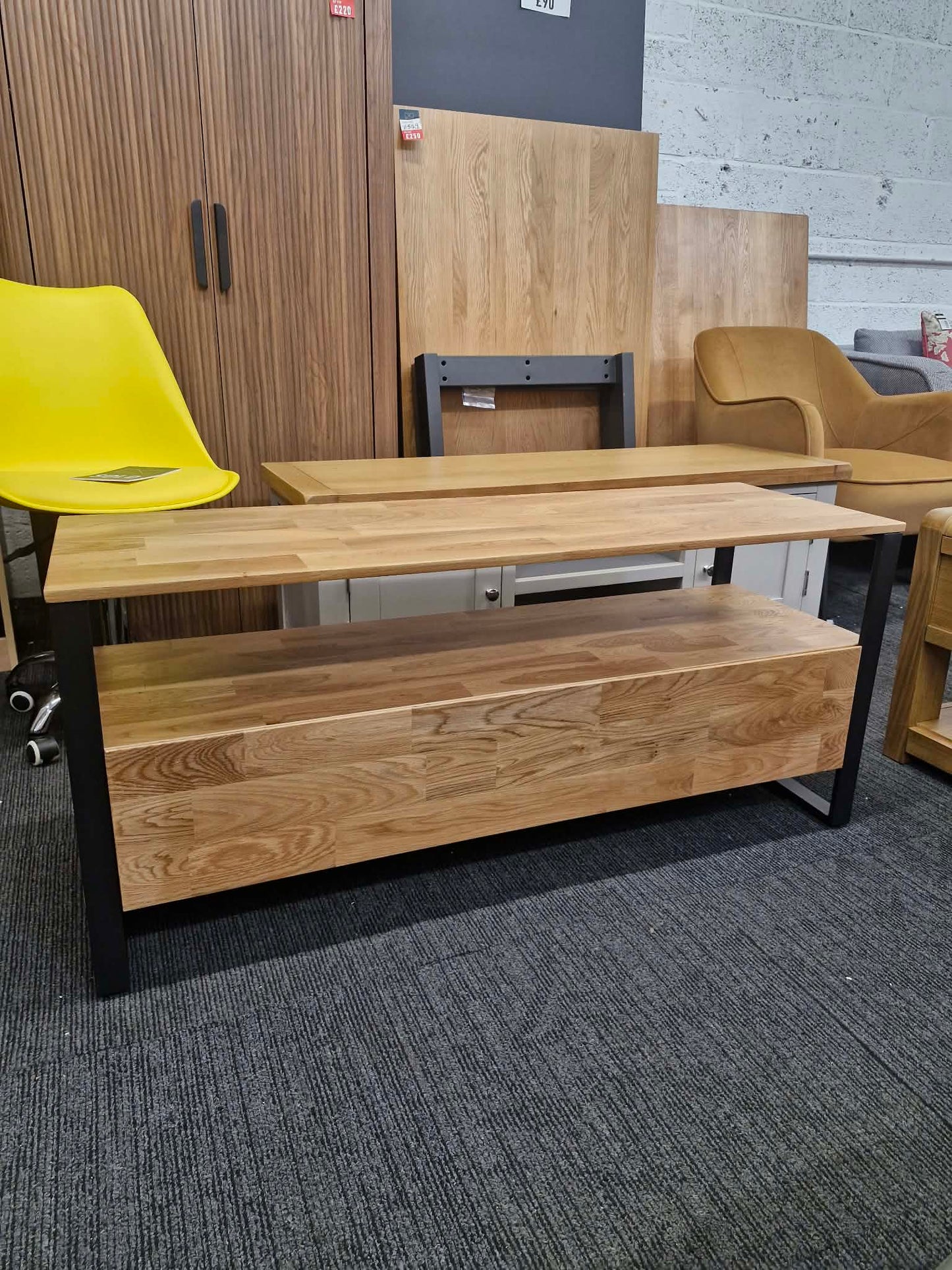 Solid Oak and Black Metal Steel TV Stand with storage  / Industrial Style