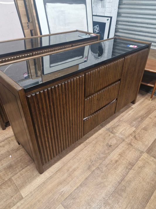 Large Dark Solid Oak Sideboard with Real Black Marble top / 2 doors and 3 drawers