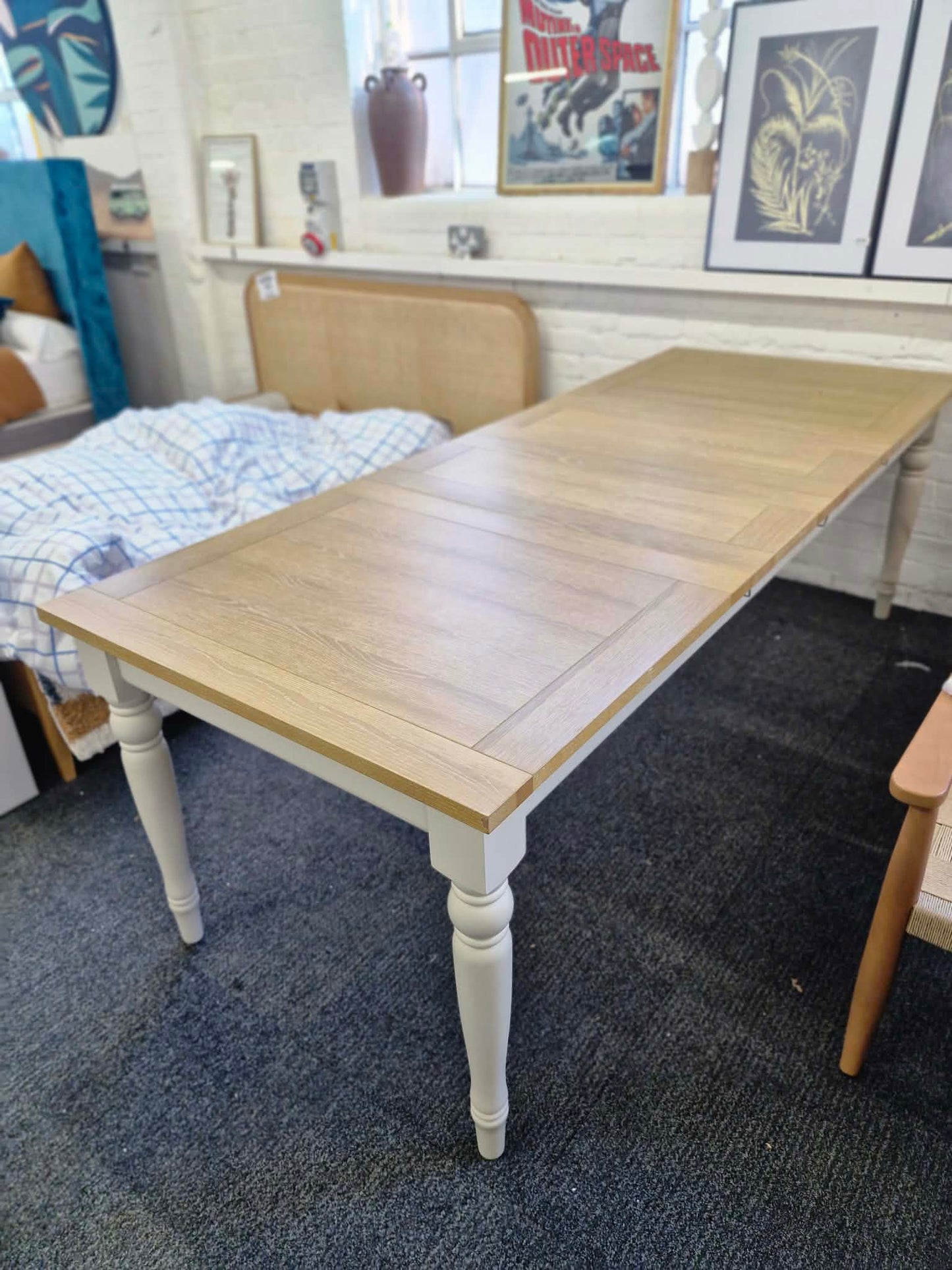 Modern Country Style Extending Dining Table  / Grey Cream and Oak Top / 6-10 seater