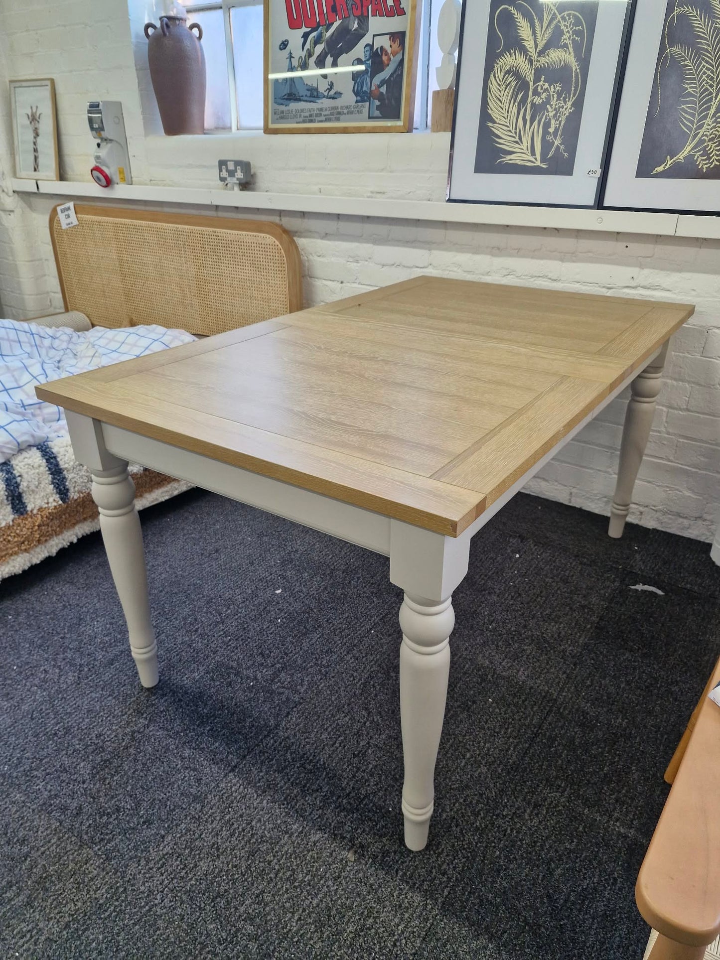 Modern Country Style Extending Dining Table  / Grey Cream and Oak Top / 6-10 seater
