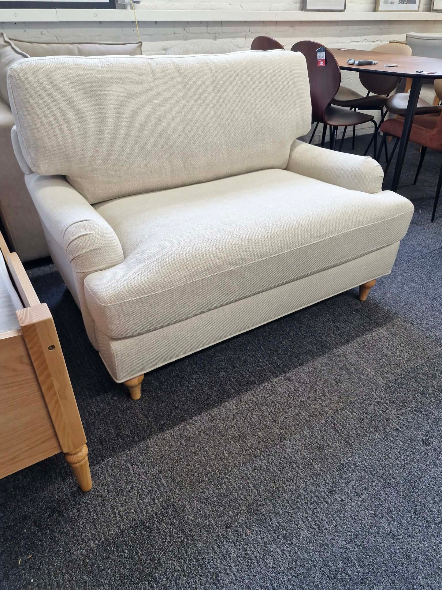 Beige and Oak Loveseat / Traditional Style Cuddle Chair