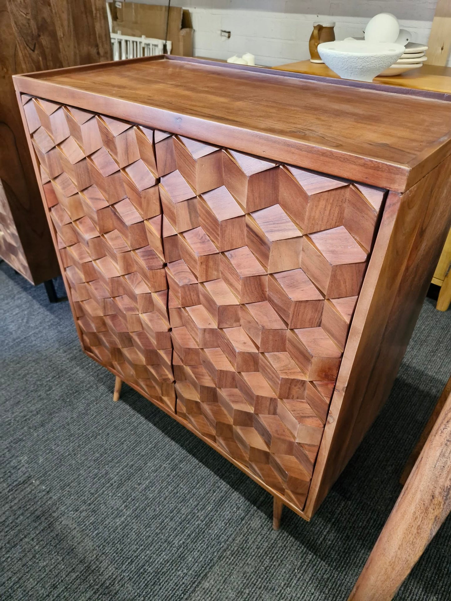 Dark Solid Wood High Cabinet with Tray Top and   textured wood tiles doors / Swoon