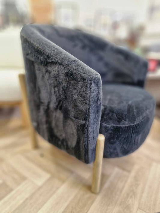 Dark Grey Graphite and Light Oak Wood Armchair / Long Pile Velvet