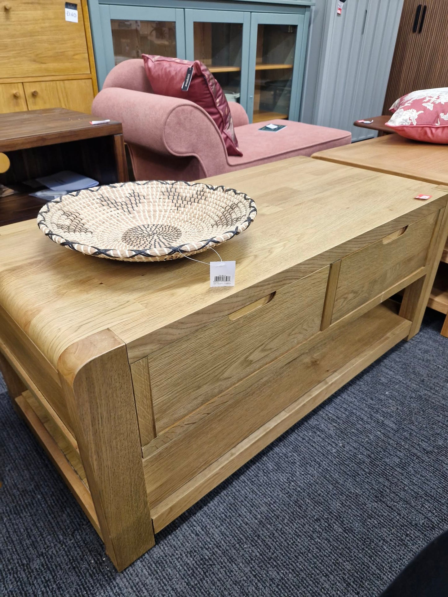 Rustic Oak Coffee Table with Storage Drawers and Shelf