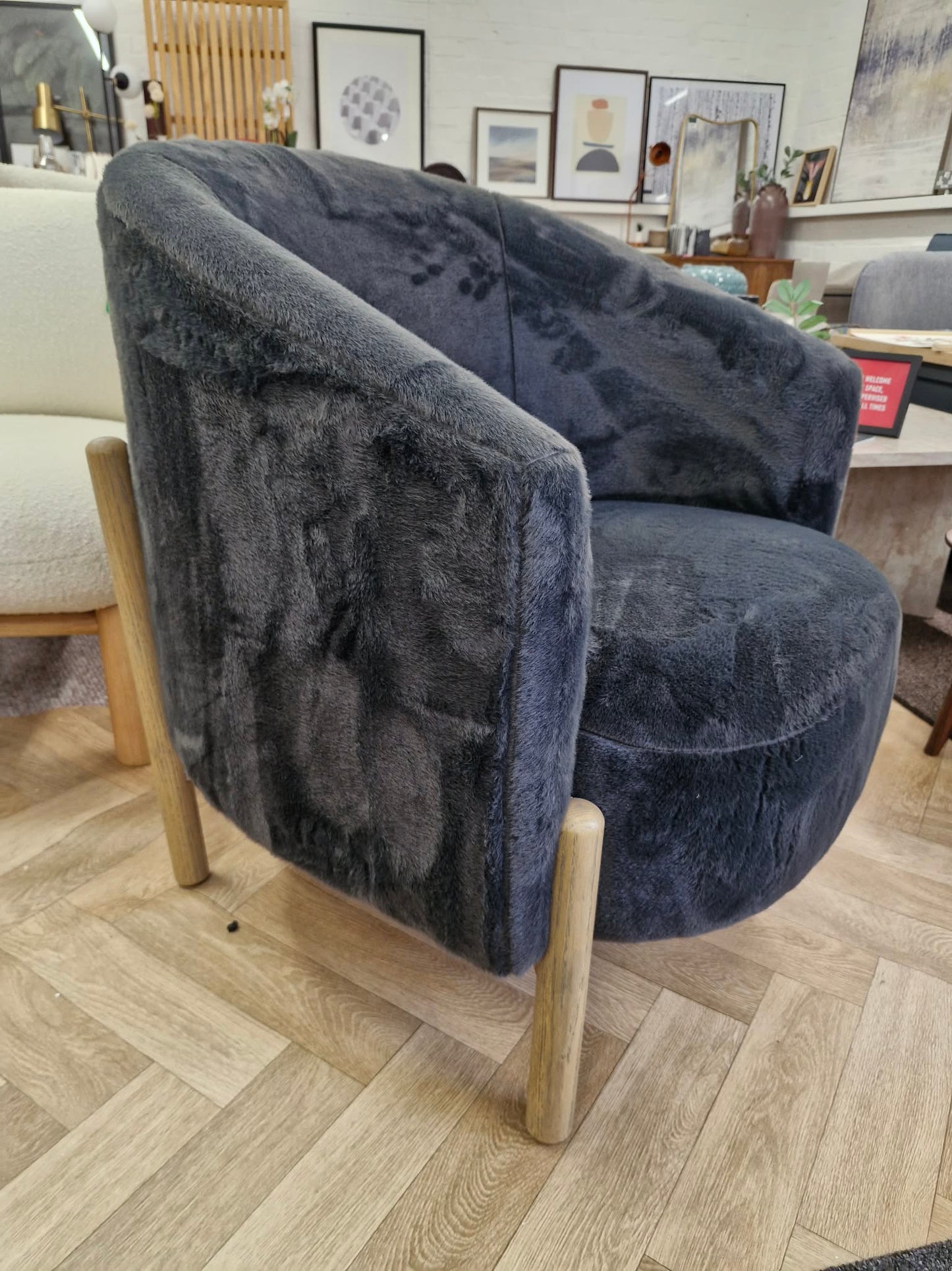 Dark Grey Graphite and Light Oak Wood Armchair / Long Pile Velvet