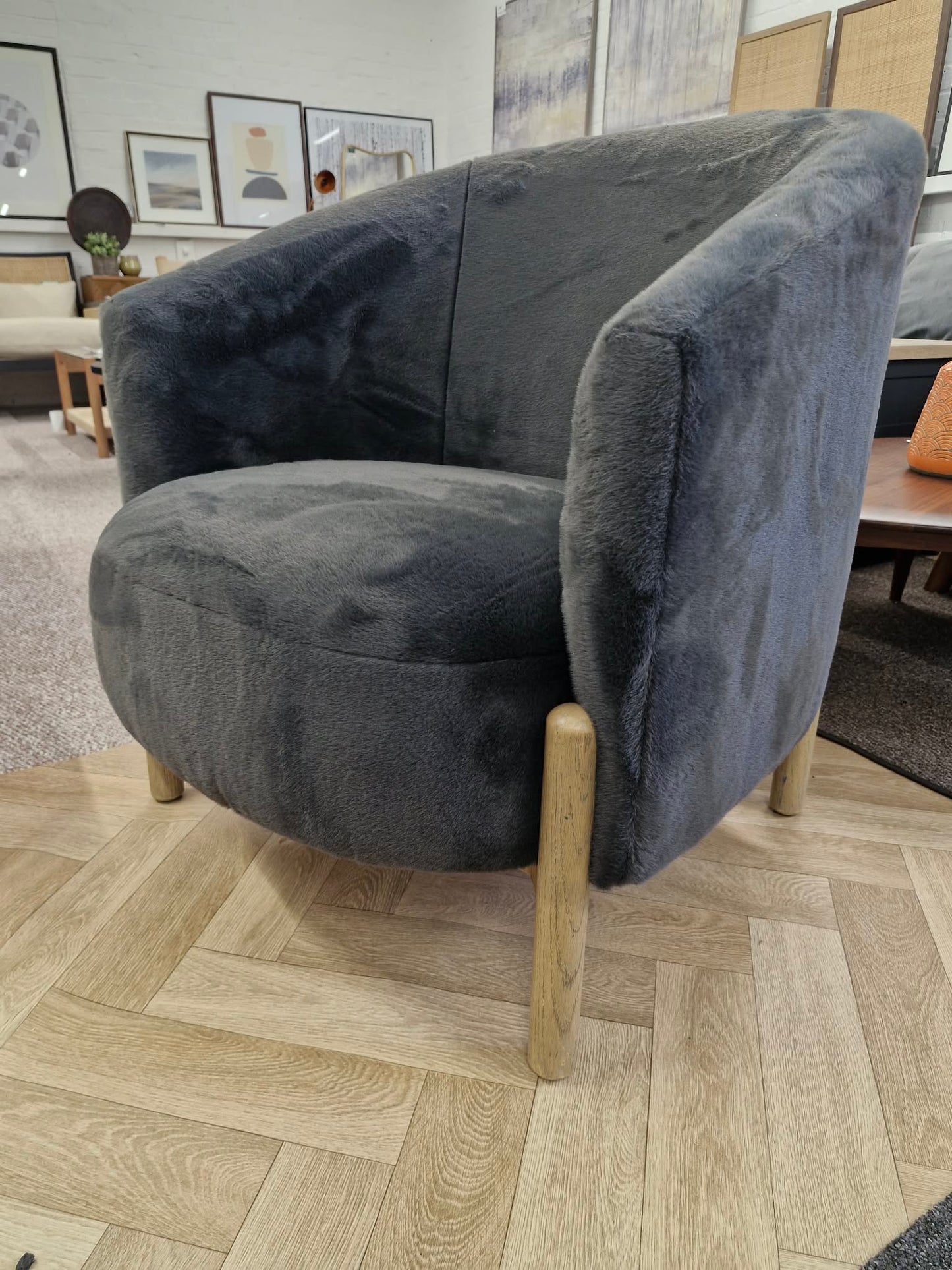 Dark Grey Graphite and Light Oak Wood Armchair / Long Pile Velvet
