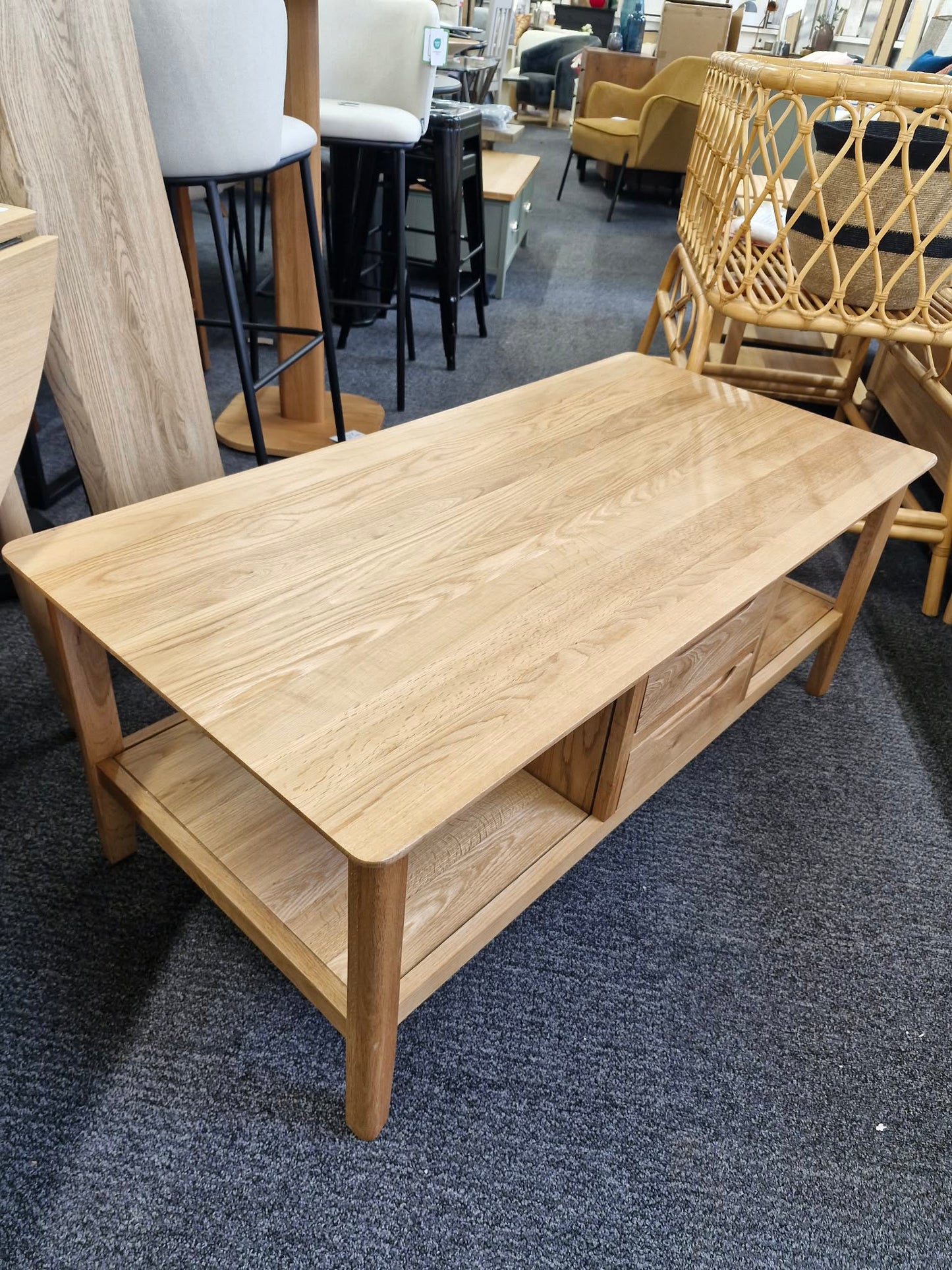 Solid Oak Large Coffee Table with Drawers and Storage shelves