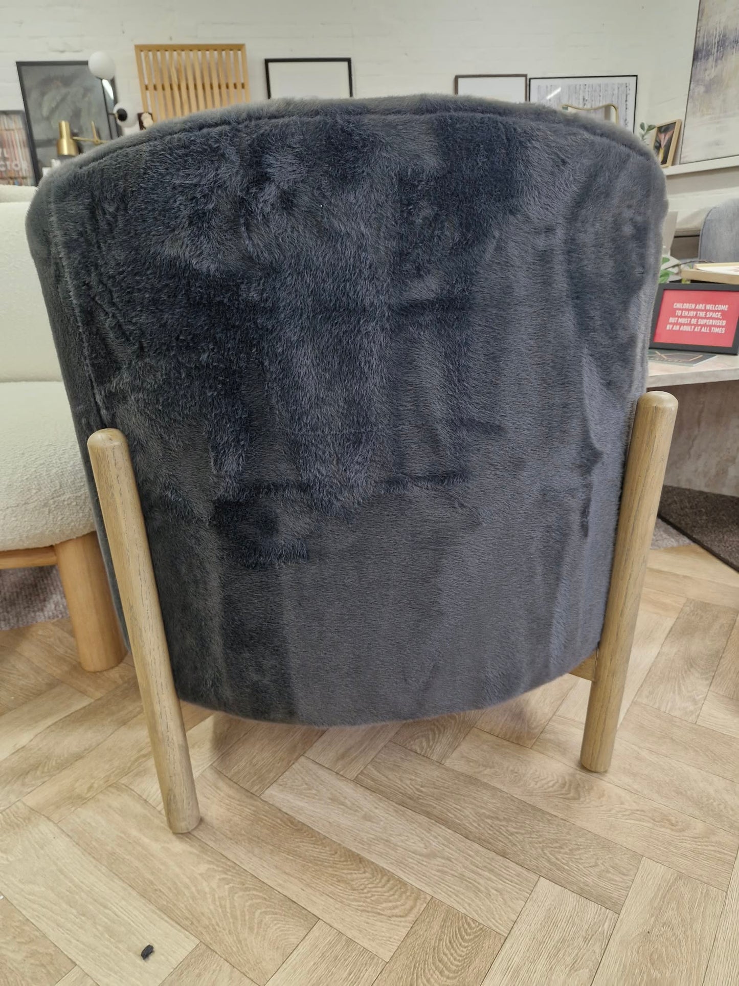 Dark Grey Graphite and Light Oak Wood Armchair / Long Pile Velvet