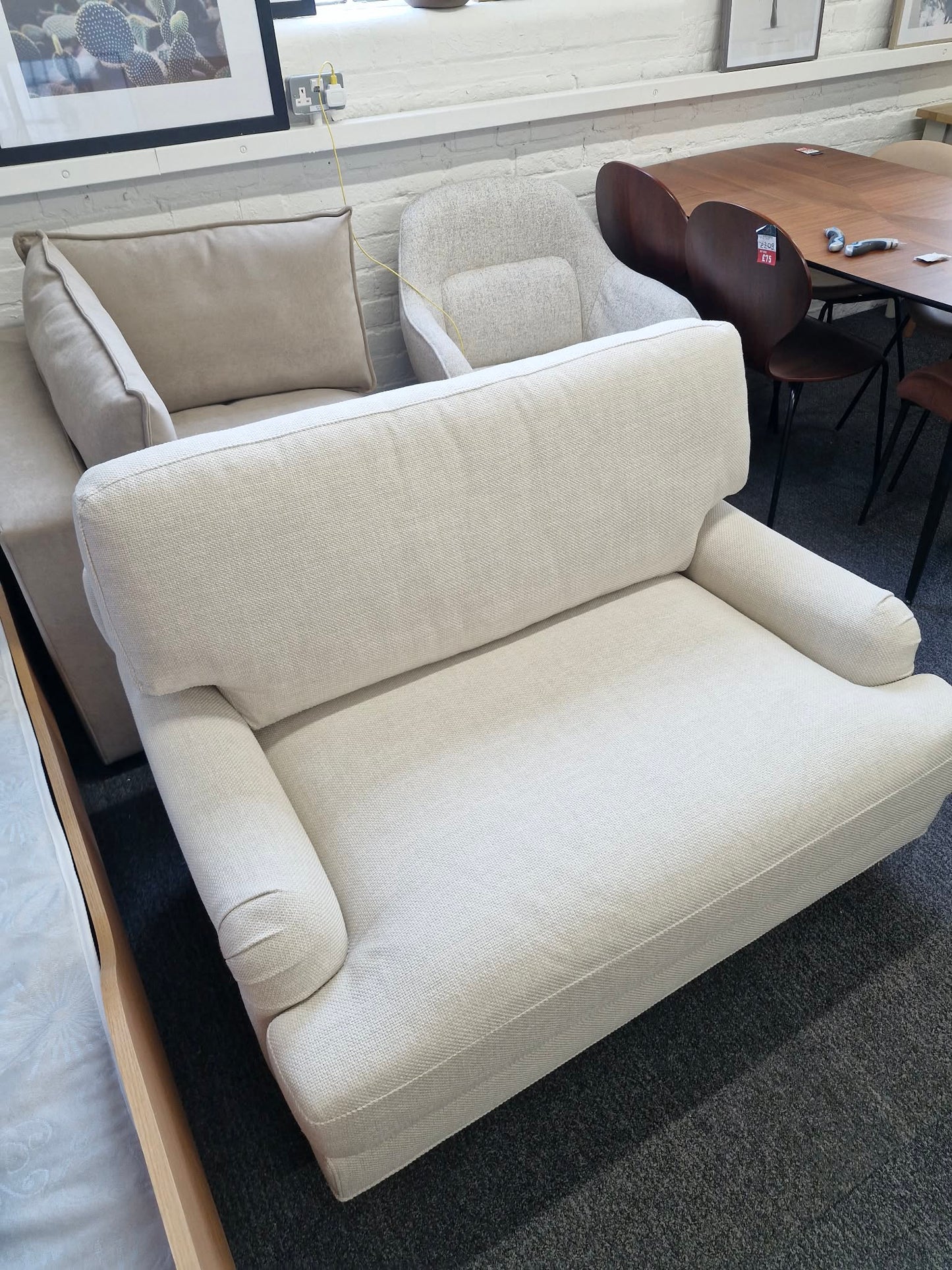 Beige and Oak Loveseat / Traditional Style Cuddle Chair