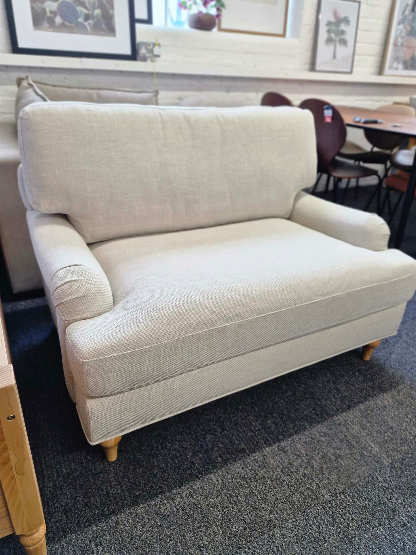 Beige and Oak Loveseat / Traditional Style Cuddle Chair