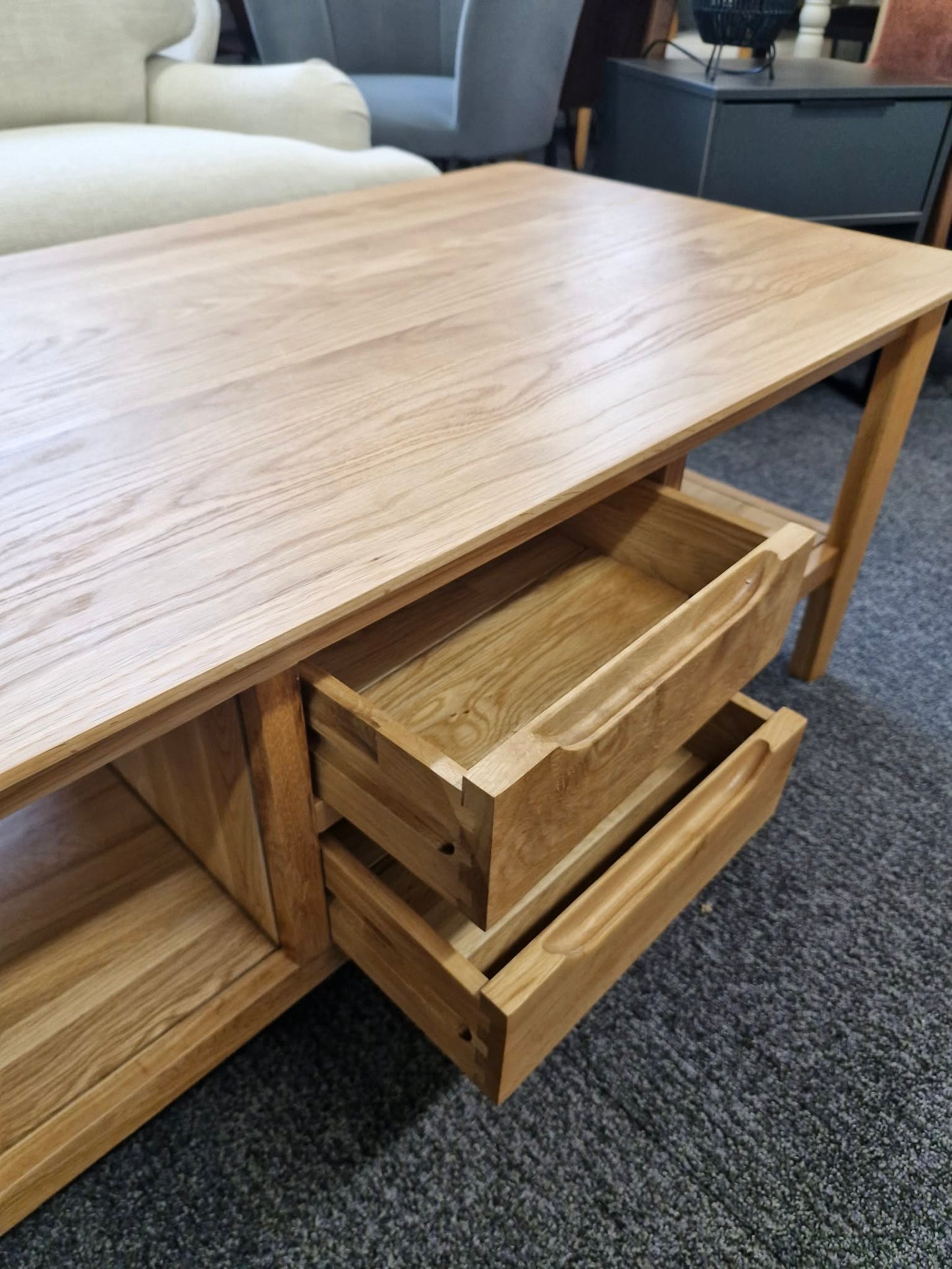 Solid Oak Large Coffee Table with Drawers and Storage shelves