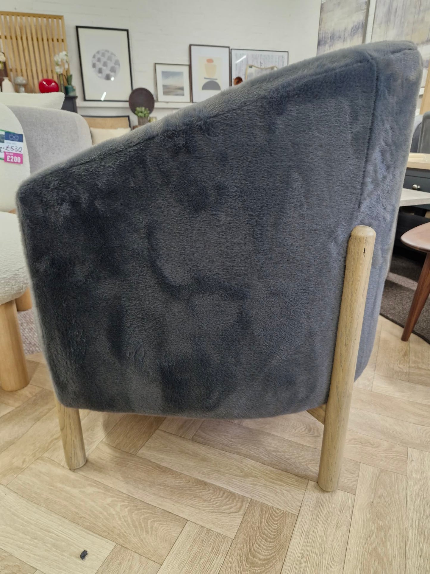 Dark Grey Graphite and Light Oak Wood Armchair / Long Pile Velvet