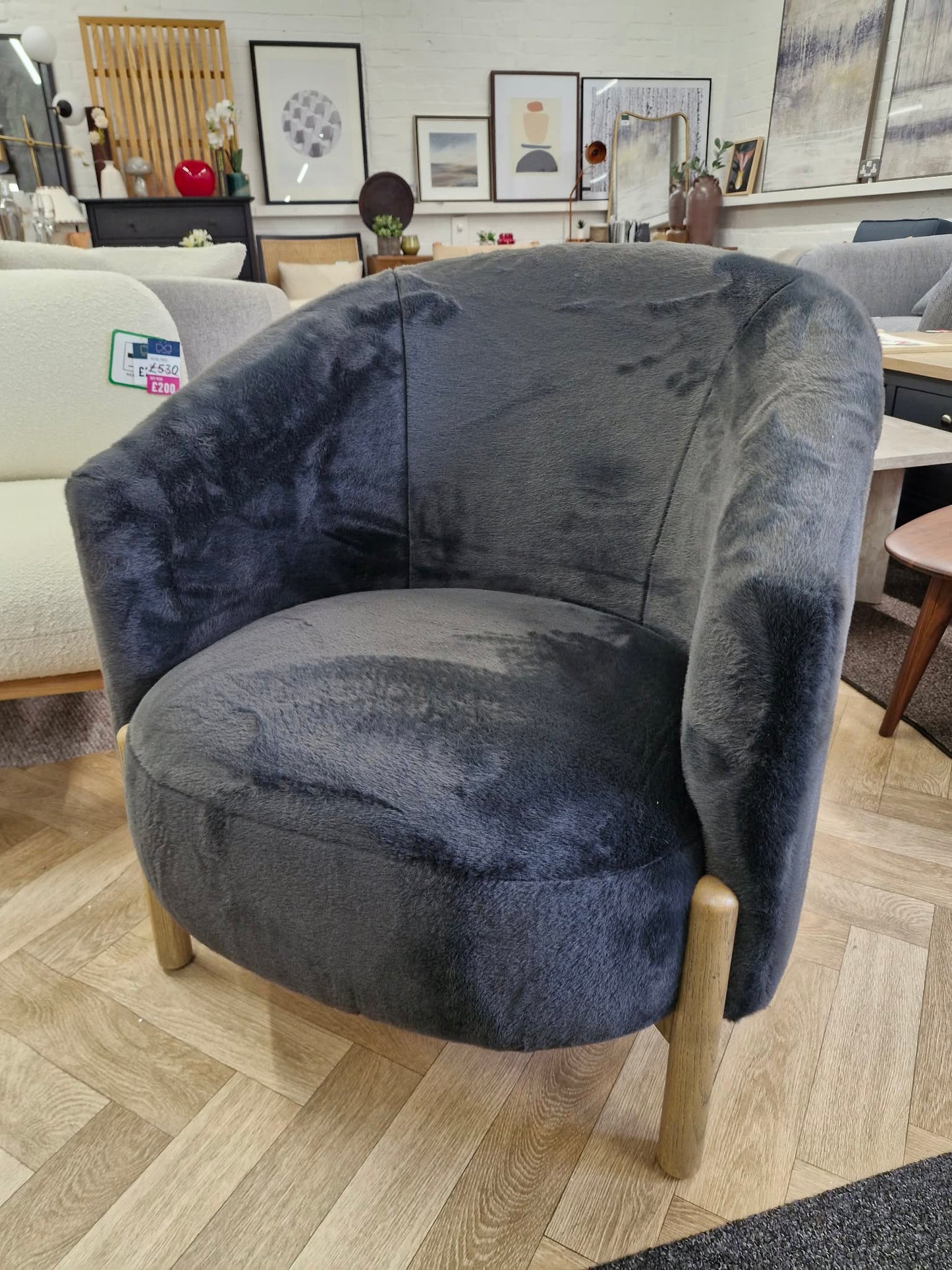 Dark Grey Graphite and Light Oak Wood Armchair / Long Pile Velvet