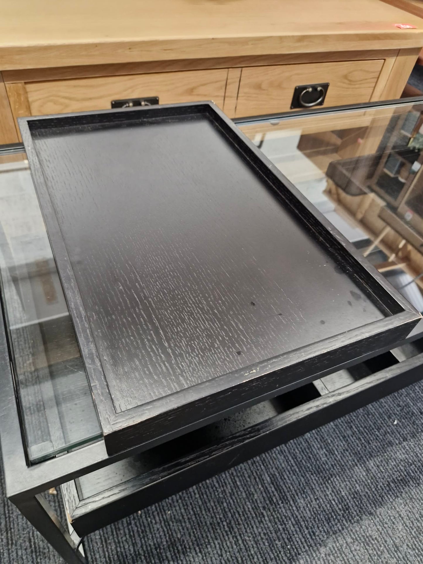 Black Storage Coffee Table / Metal, Wood and Glass with removable trays