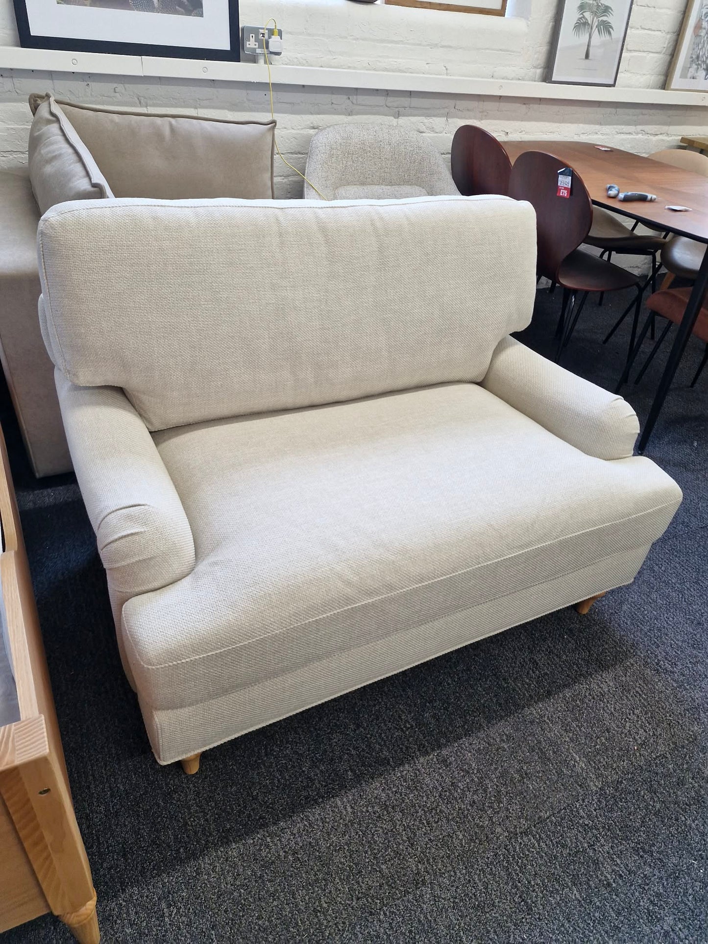 Beige and Oak Loveseat / Traditional Style Cuddle Chair