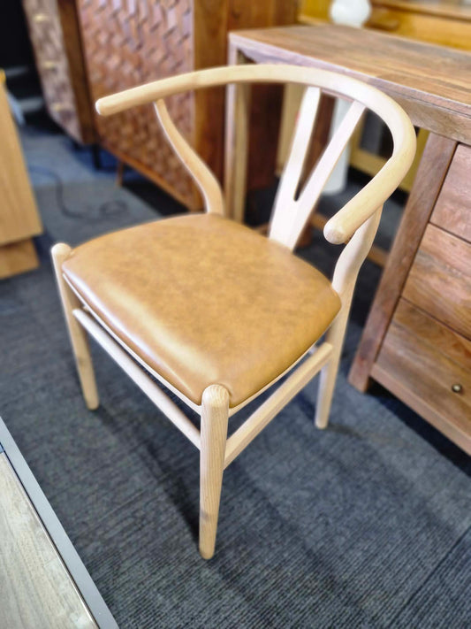 Wishbone Style Oak Dining Chair with Tan leather seat