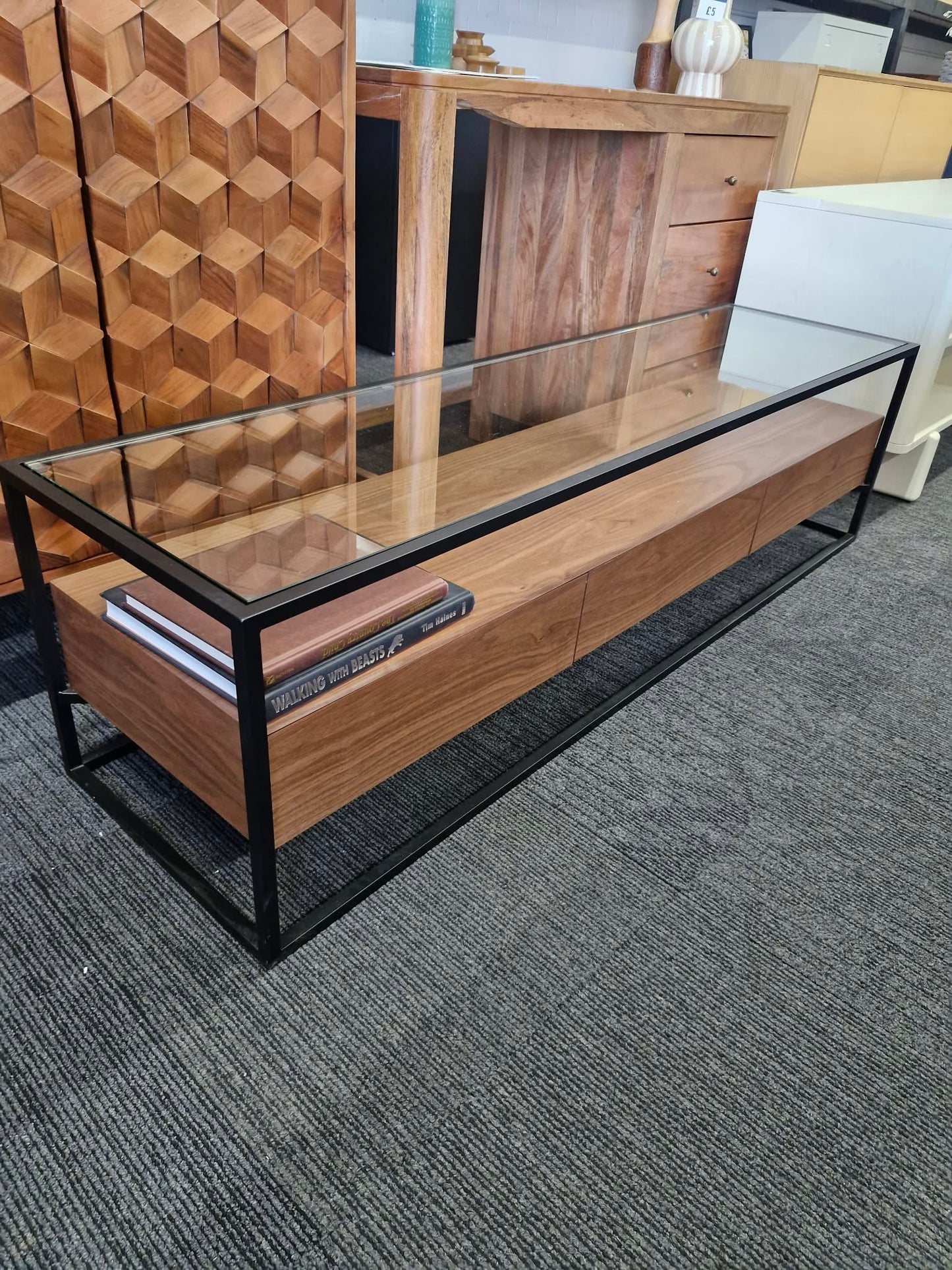 Dark Walnut Wood Tv Unit with black metal frame, glass Top and 3 storage drawers