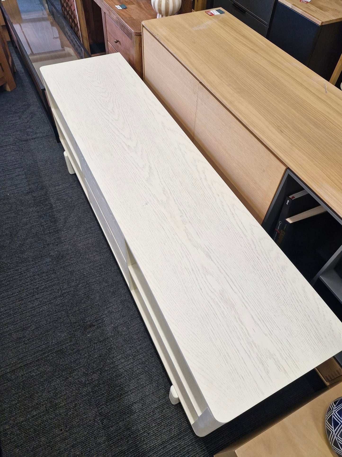 Off White Washed Wood Tv Stand / Sculptural Tv Unit with block legs