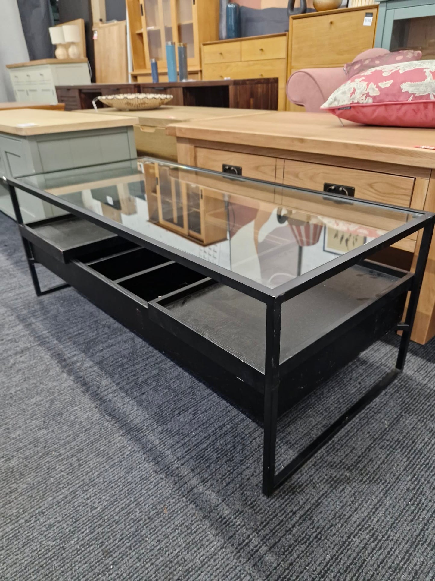 Black Storage Coffee Table / Metal, Wood and Glass with removable trays