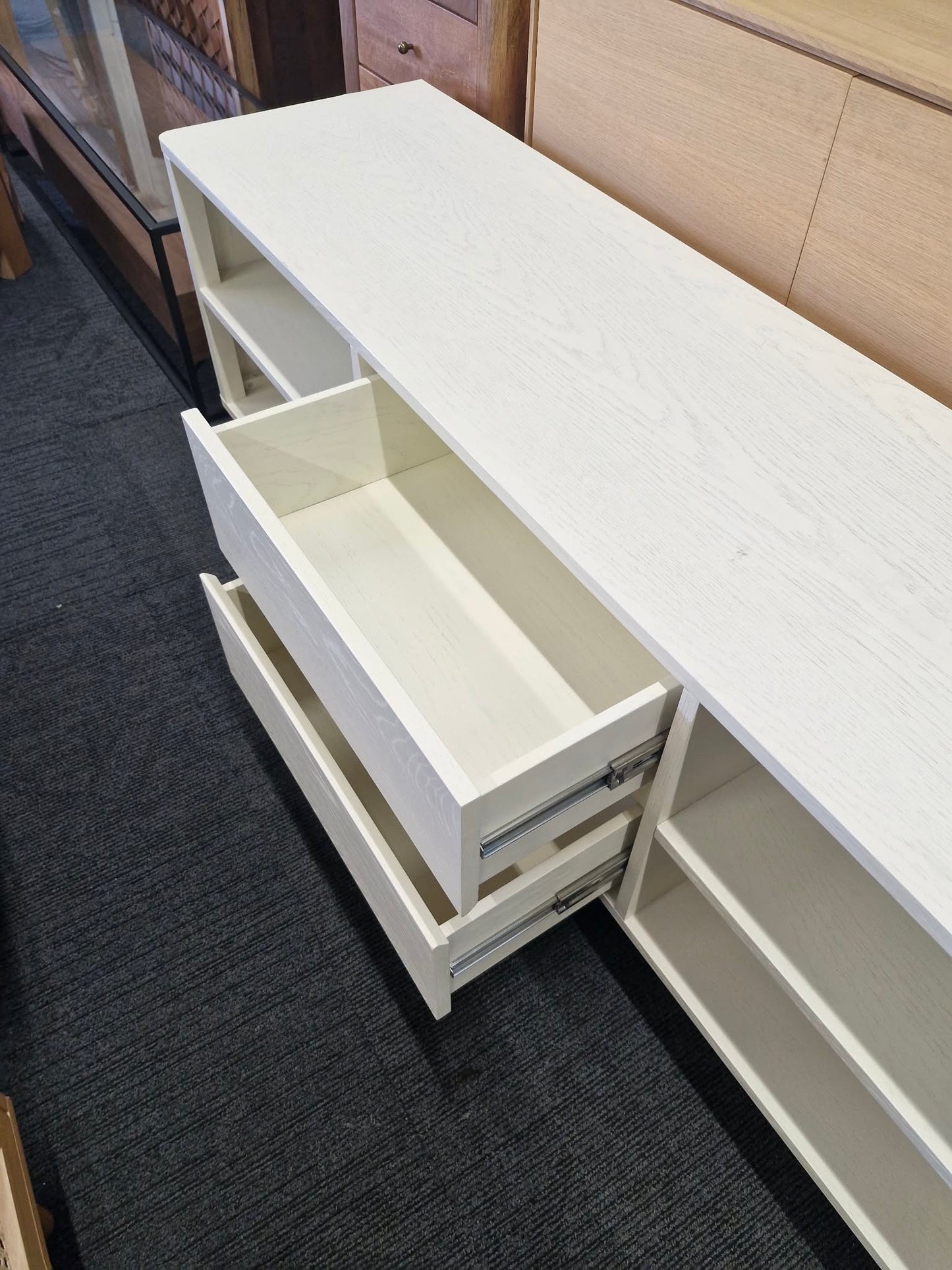 Off White Washed Wood Tv Stand / Sculptural Tv Unit with block legs