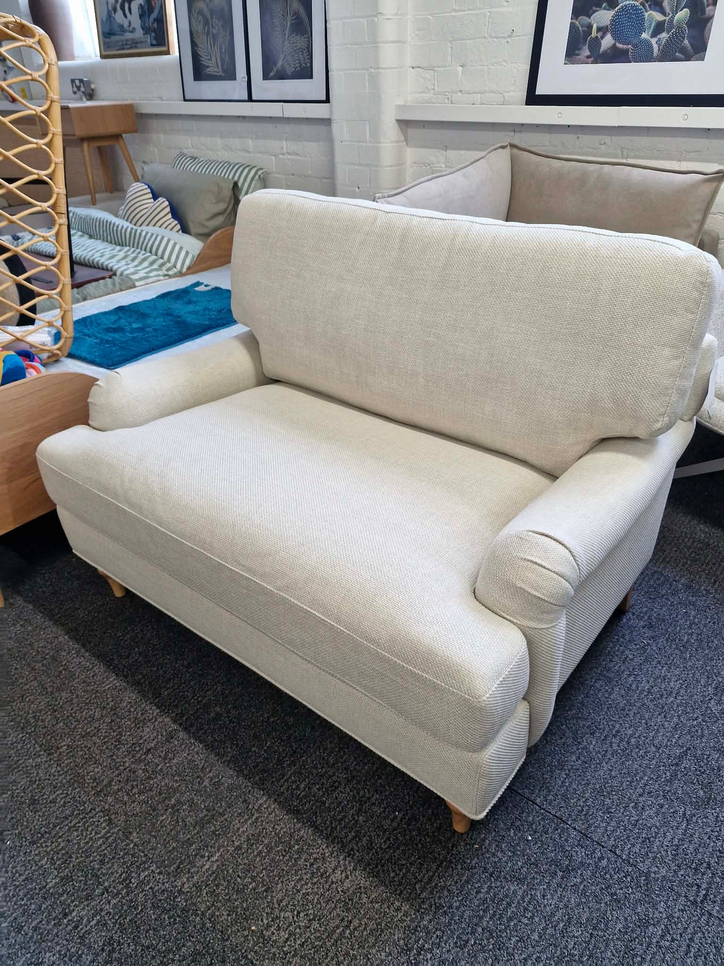 Beige and Oak Loveseat / Traditional Style Cuddle Chair