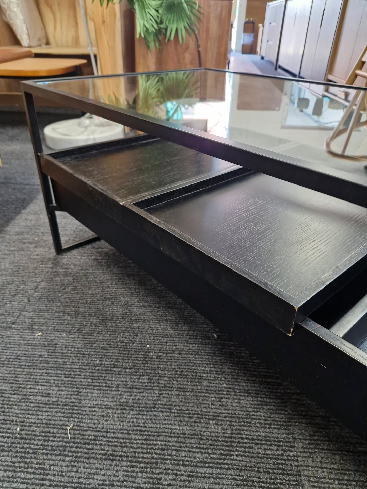 Black Storage Coffee Table / Metal, Wood and Glass with removable trays
