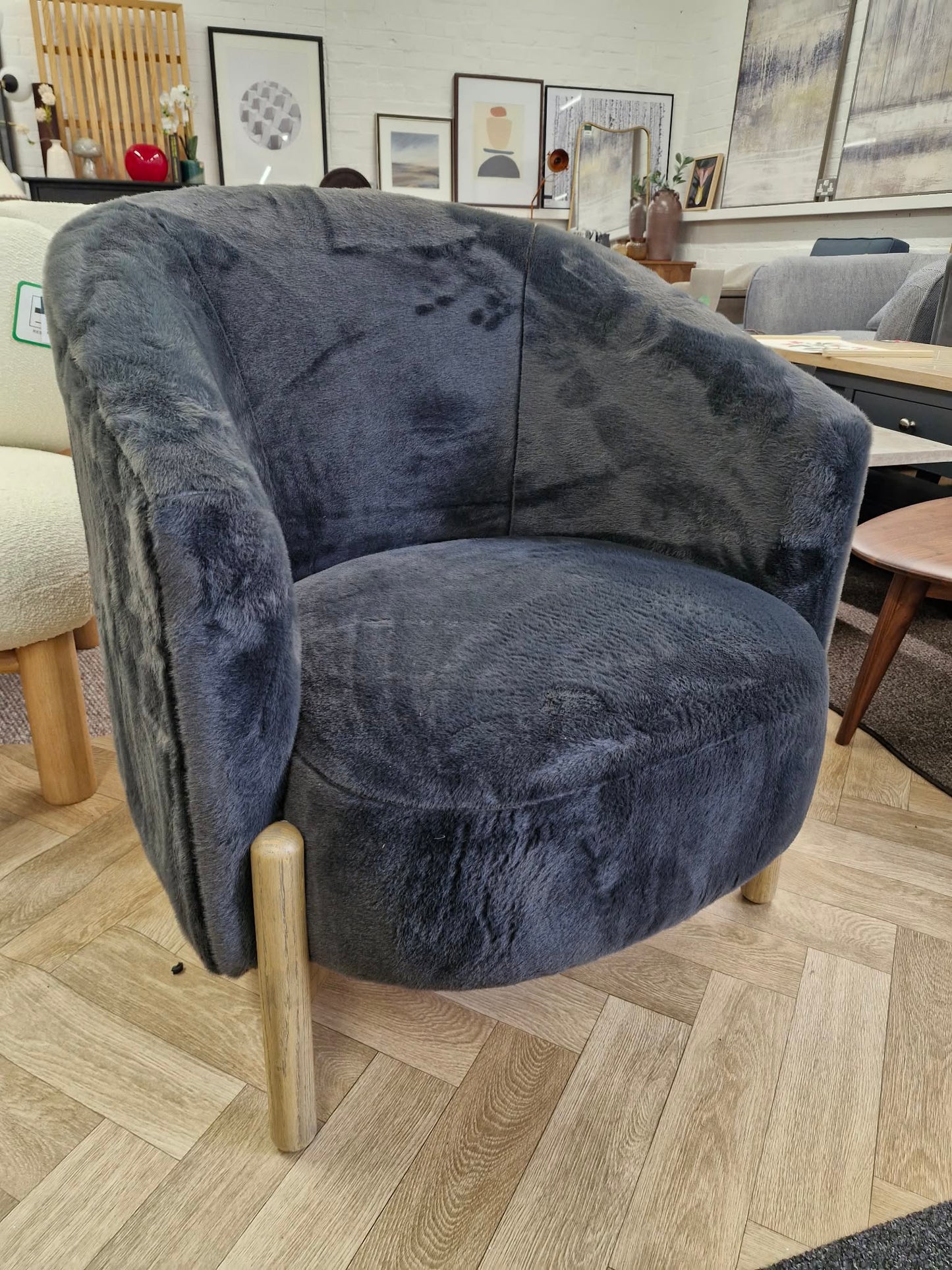 Dark Grey Graphite and Light Oak Wood Armchair / Long Pile Velvet