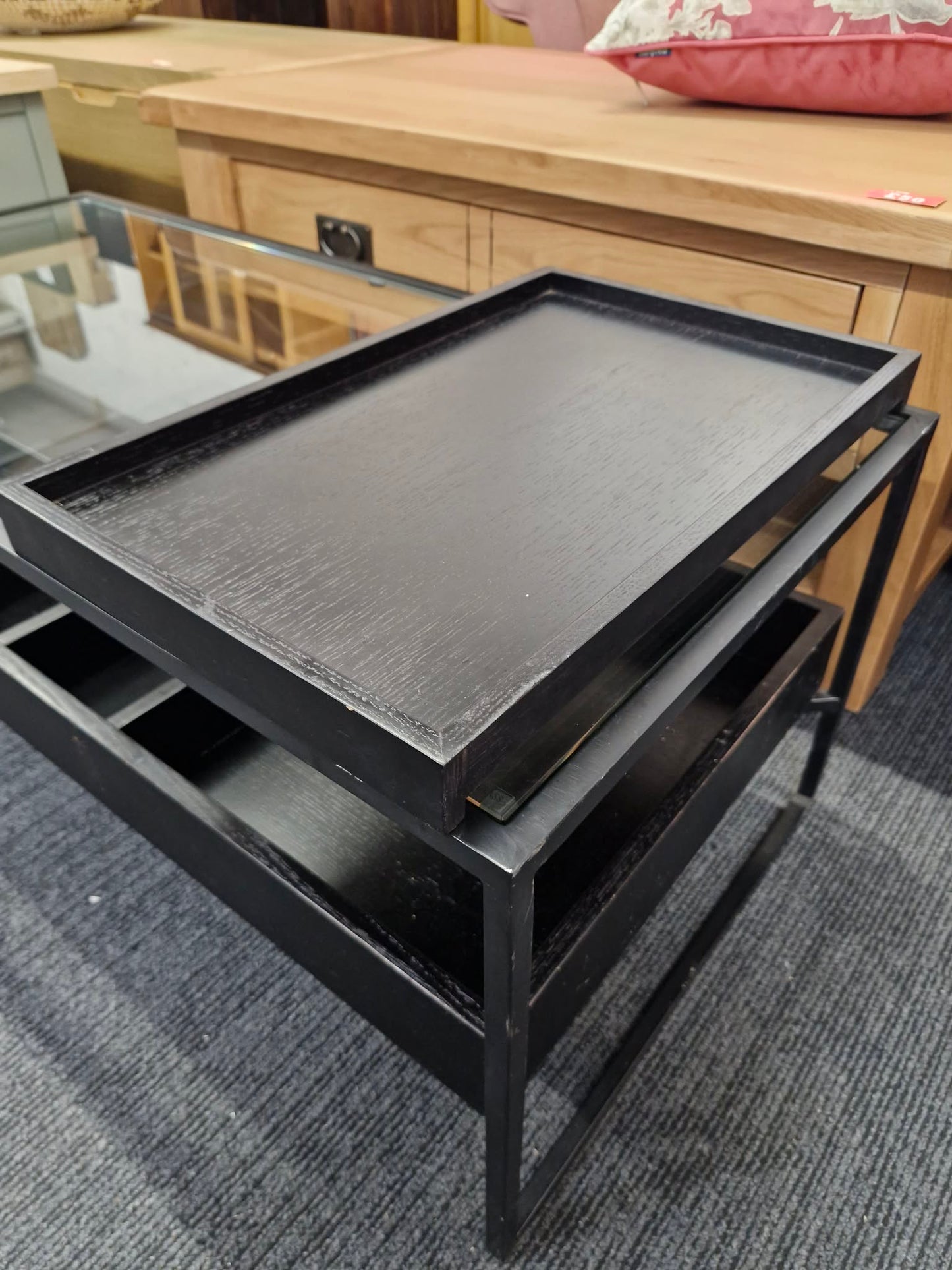 Black Storage Coffee Table / Metal, Wood and Glass with removable trays