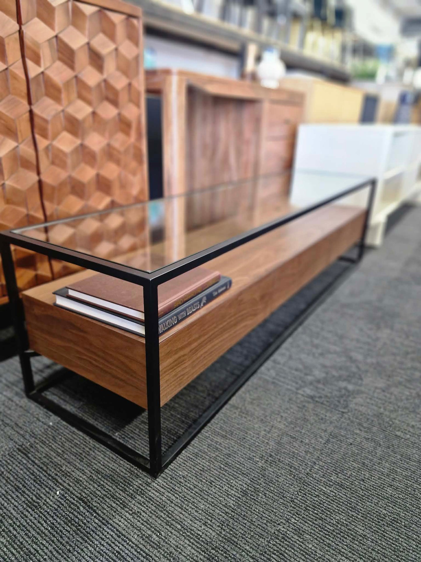 Dark Walnut Wood Tv Unit with black metal frame, glass Top and 3 storage drawers