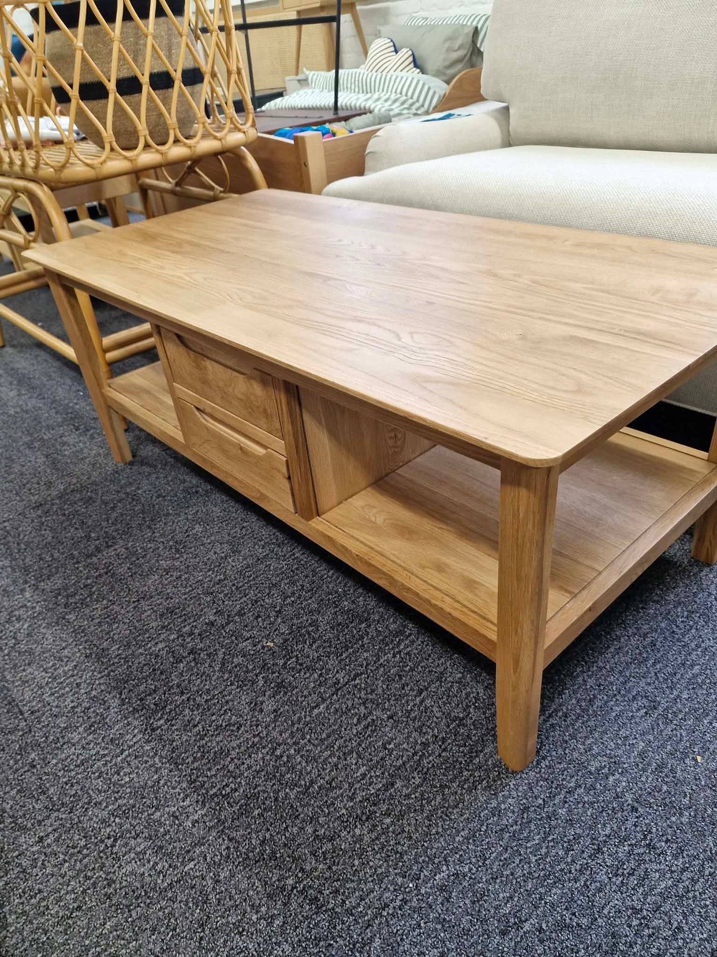 Solid Oak Large Coffee Table with Drawers and Storage shelves