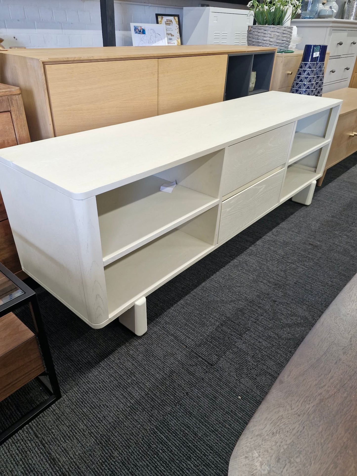 Off White Washed Wood Tv Stand / Sculptural Tv Unit with block legs