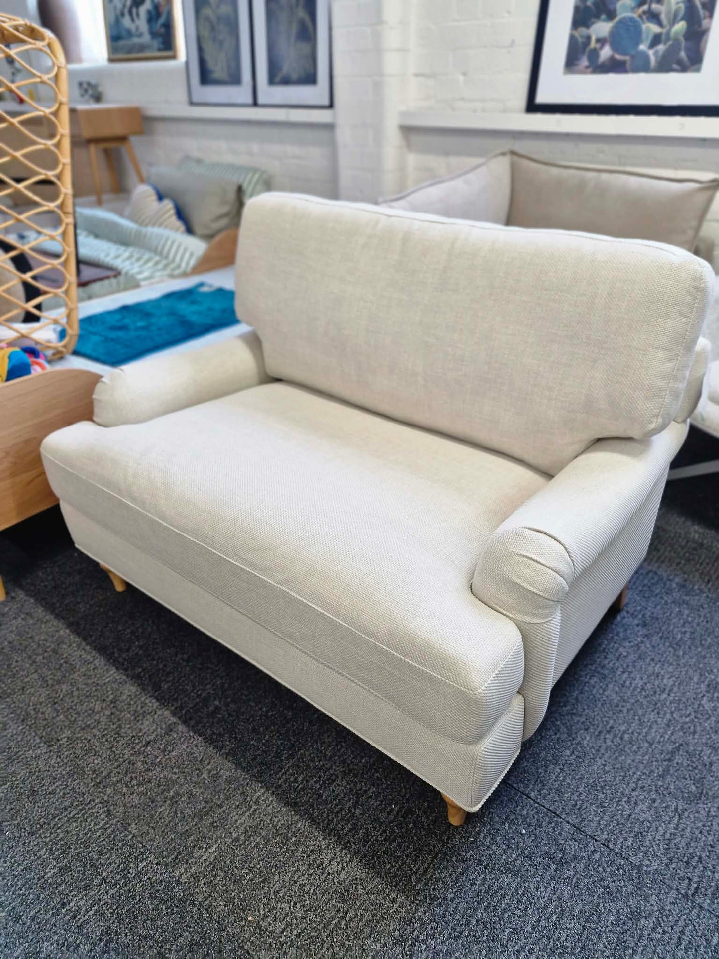 Beige and Oak Loveseat / Traditional Style Cuddle Chair