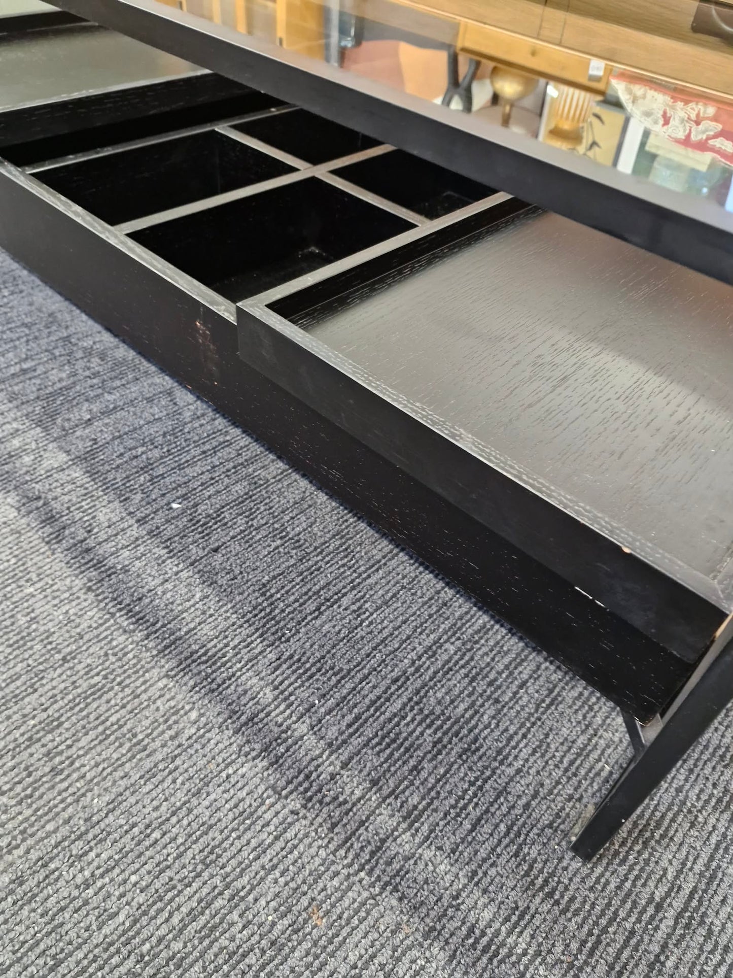 Black Storage Coffee Table / Metal, Wood and Glass with removable trays
