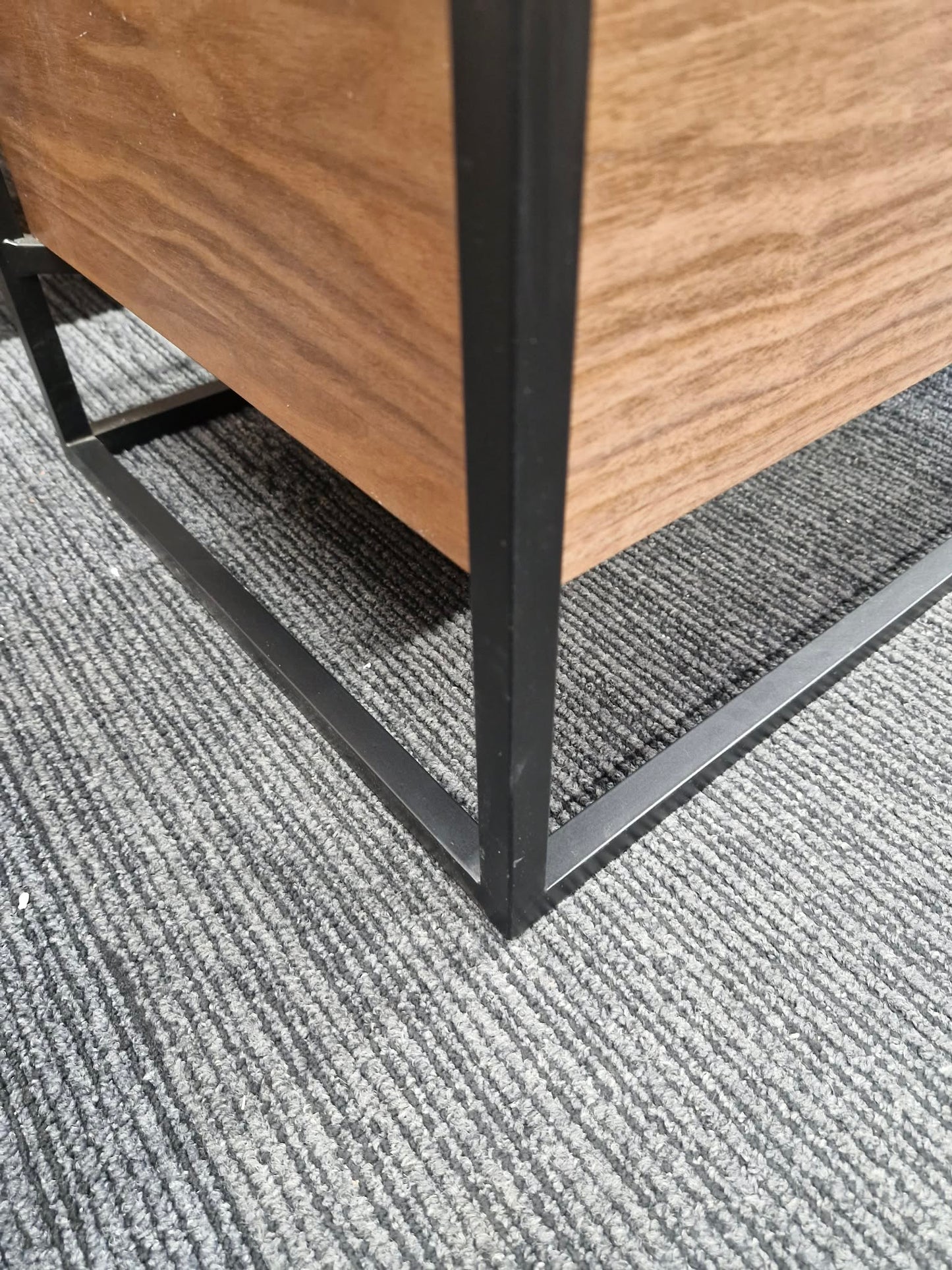 Dark Walnut Wood Tv Unit with black metal frame, glass Top and 3 storage drawers