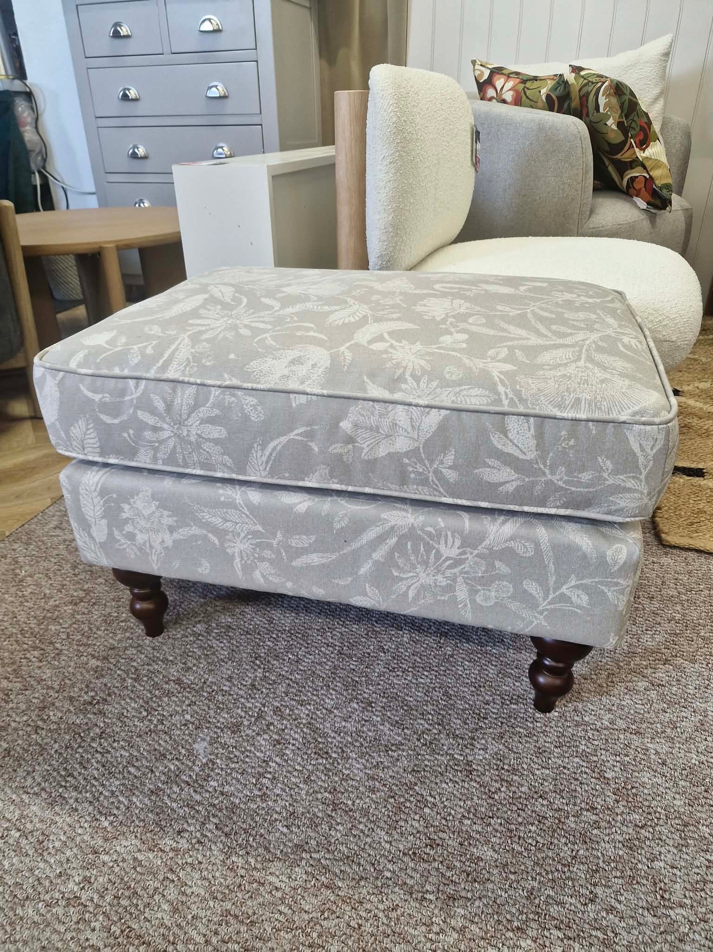 Light Sage Floral Print and Dark wood legs footstool ottoman