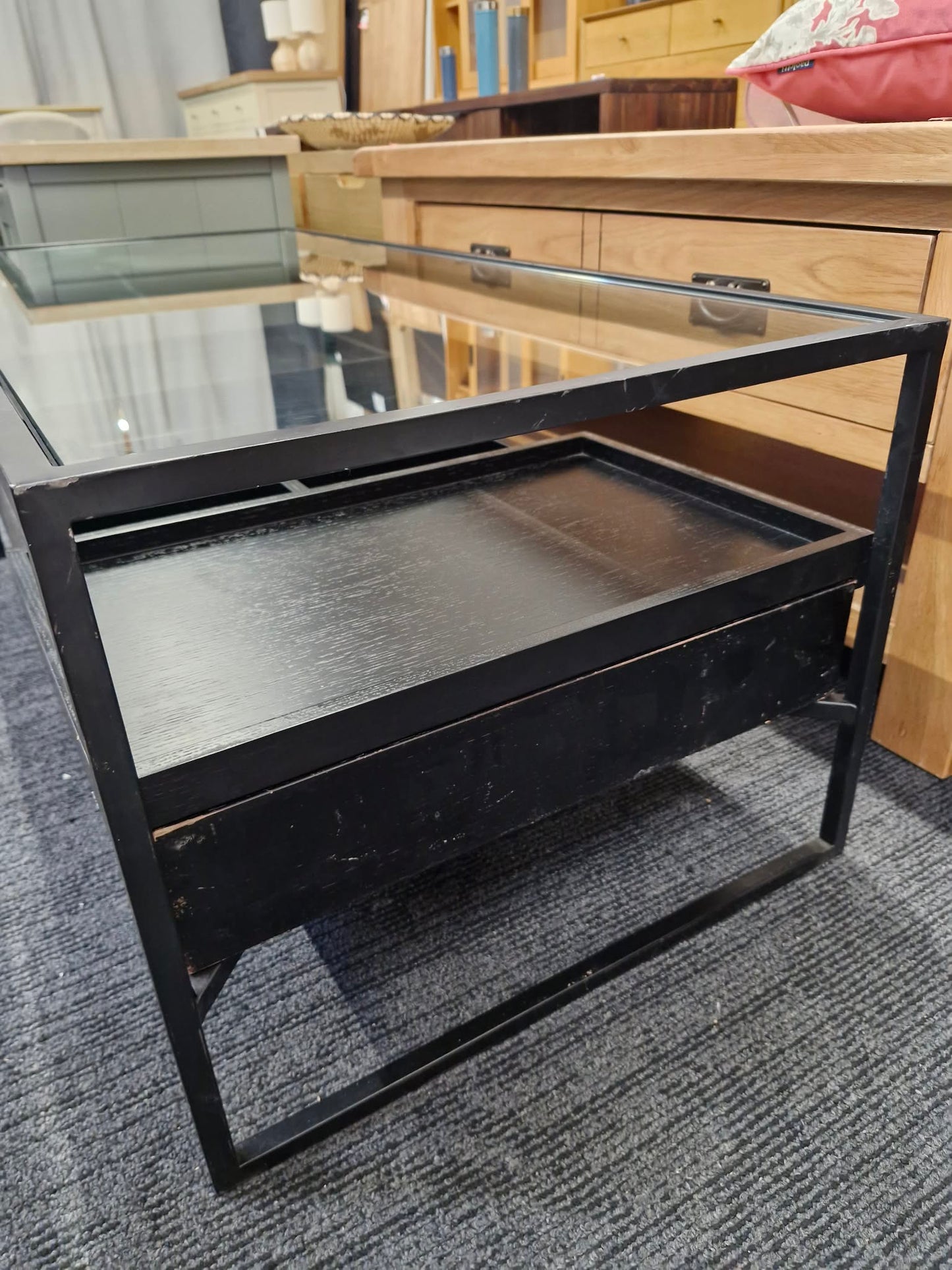 Black Storage Coffee Table / Metal, Wood and Glass with removable trays