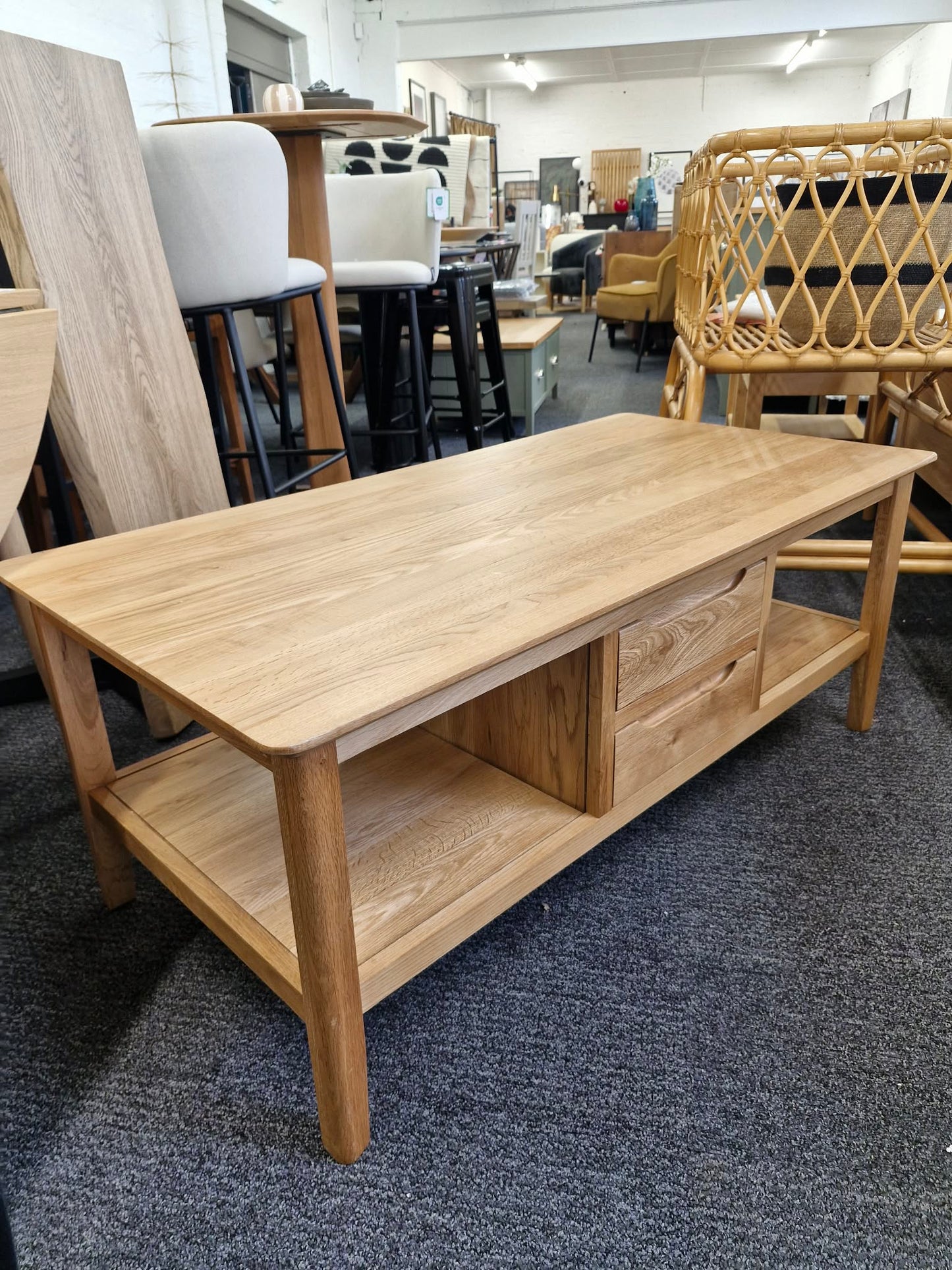 Solid Oak Large Coffee Table with Drawers and Storage shelves