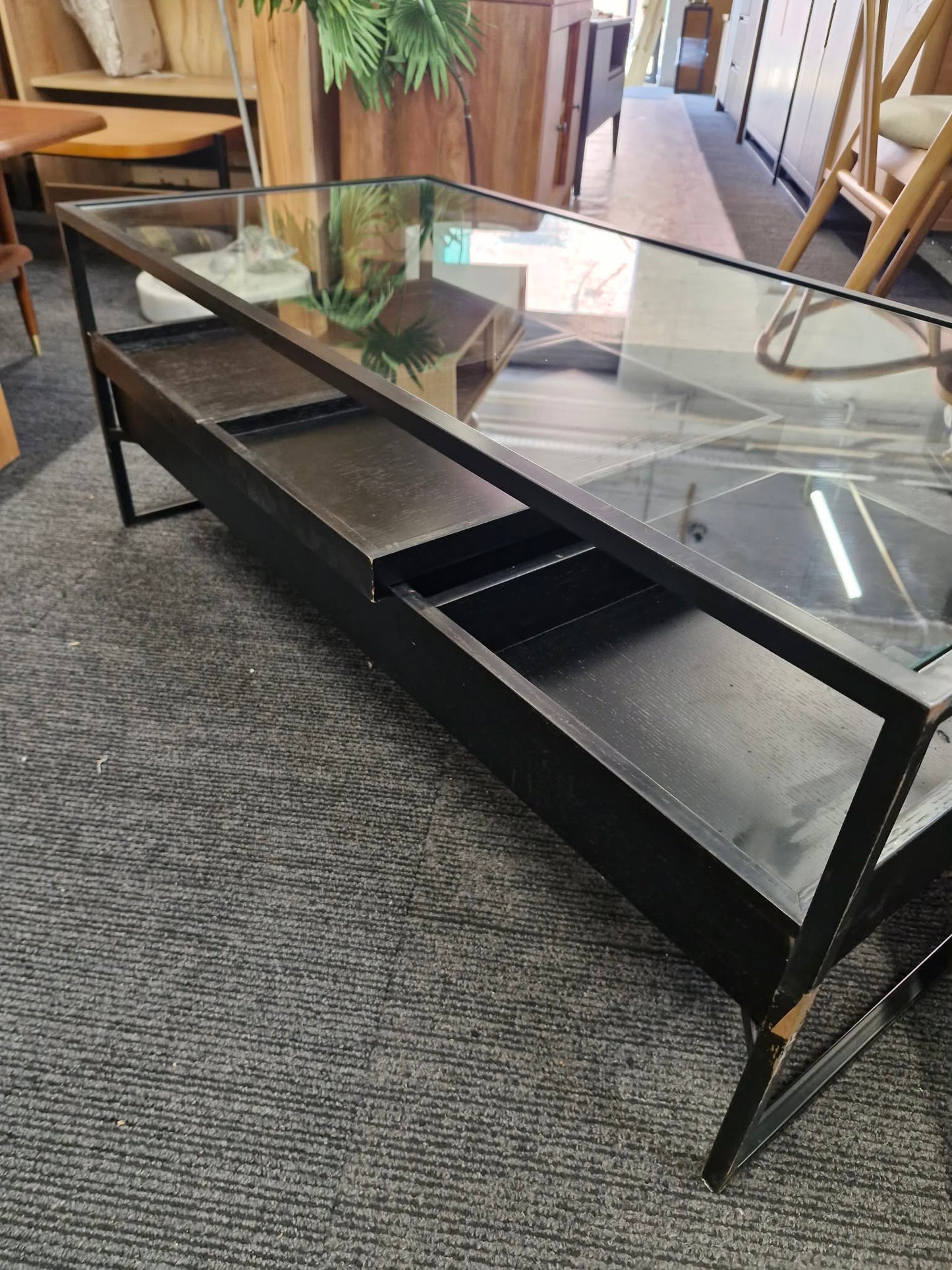 Black Storage Coffee Table / Metal, Wood and Glass with removable trays