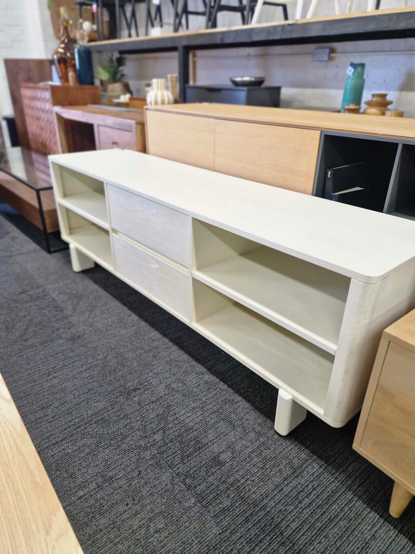 Off White Washed Wood Tv Stand / Sculptural Tv Unit with block legs