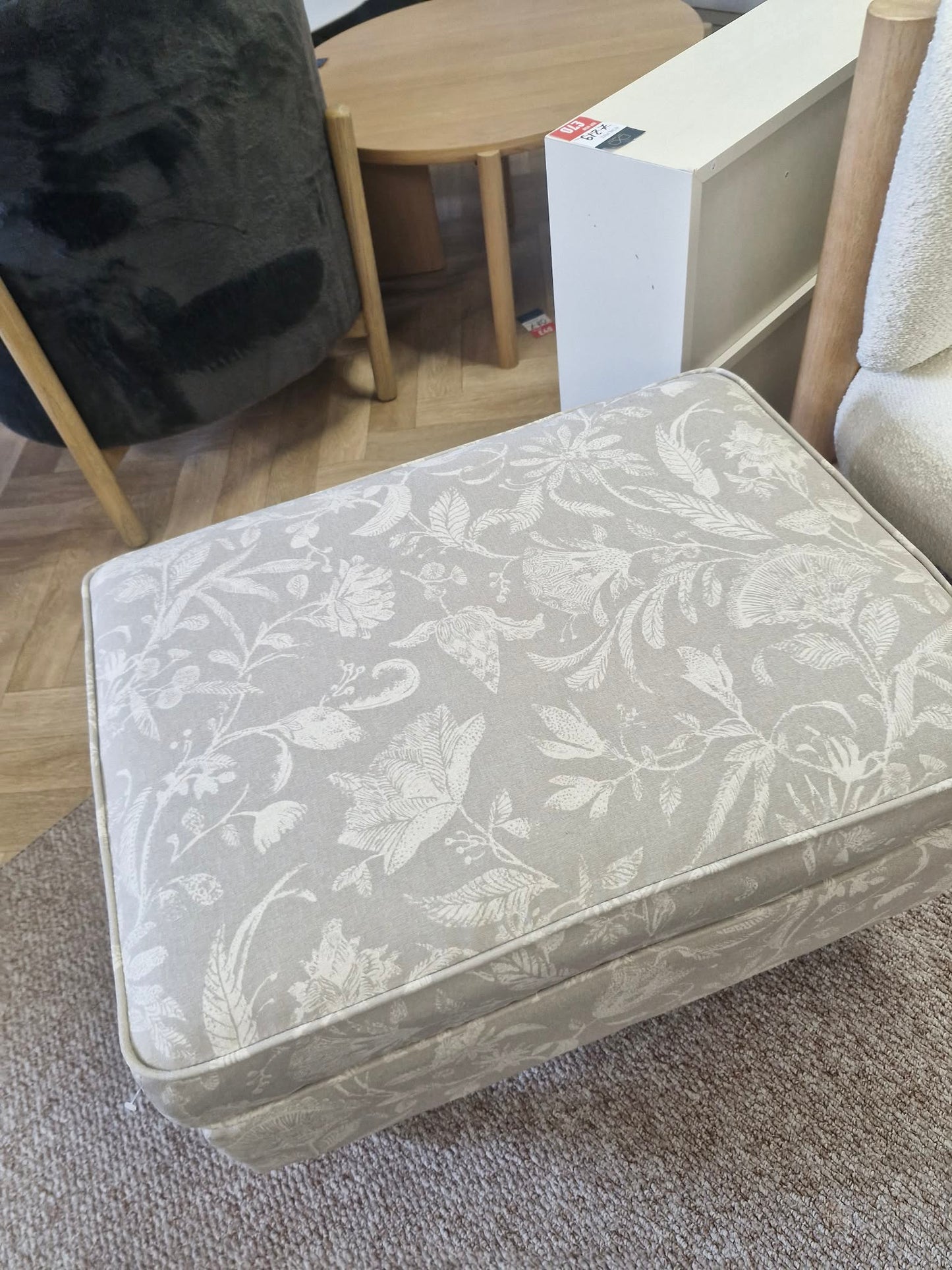 Light Sage Floral Print and Dark wood legs footstool ottoman