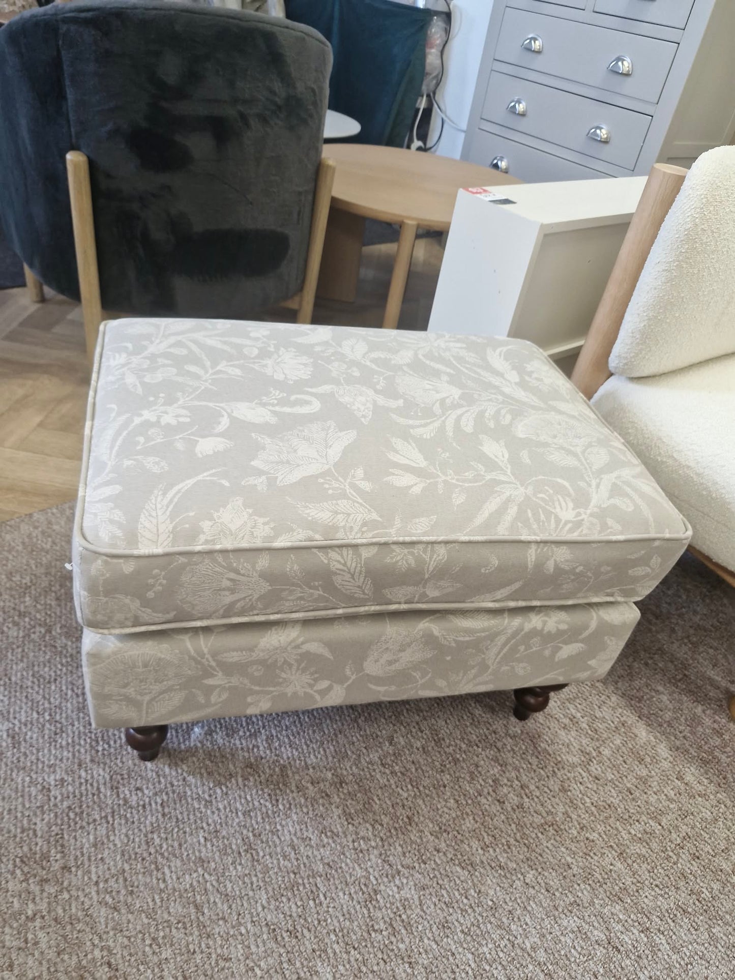 Light Sage Floral Print and Dark wood legs footstool ottoman