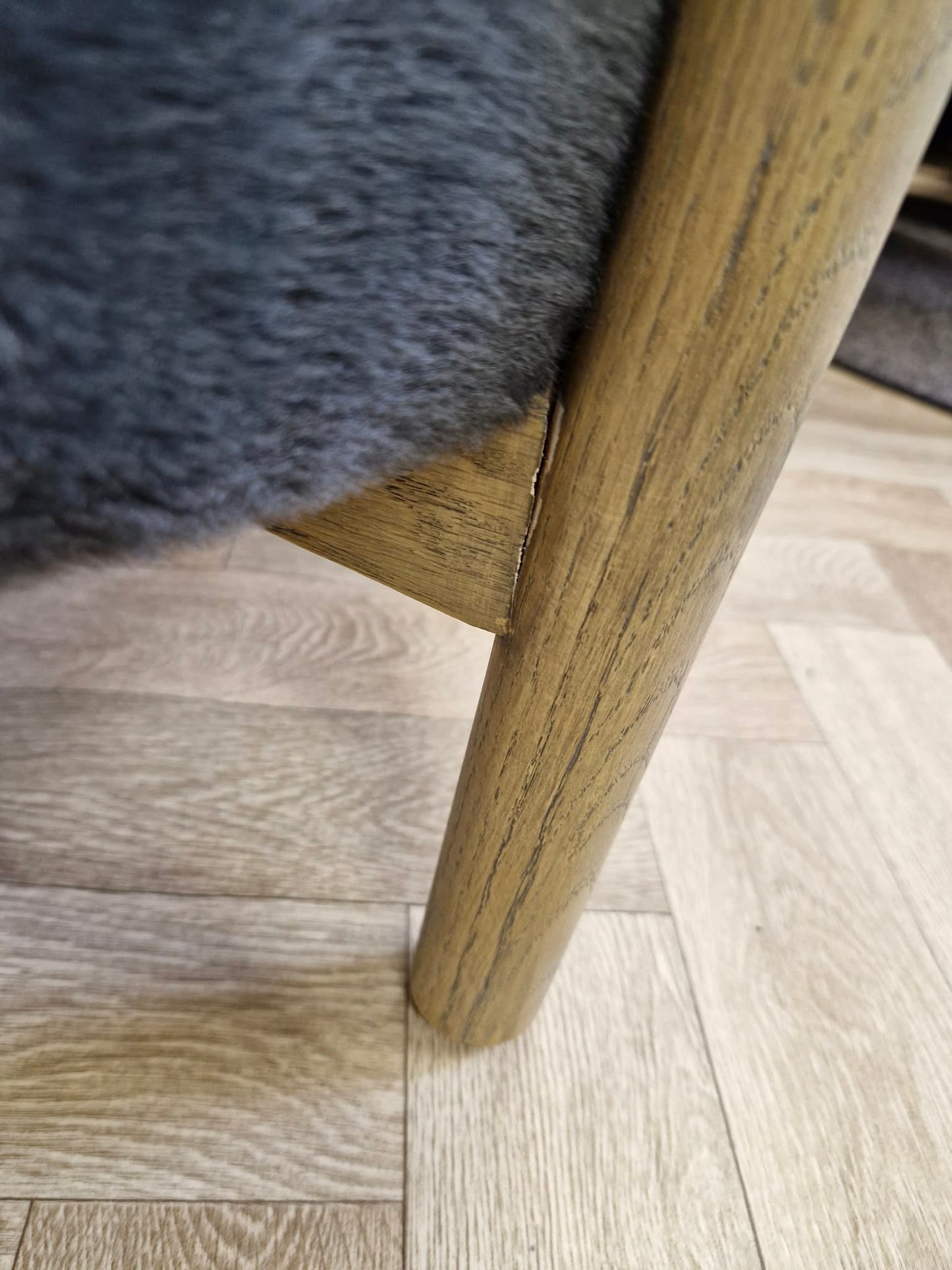 Dark Grey Graphite and Light Oak Wood Armchair / Long Pile Velvet