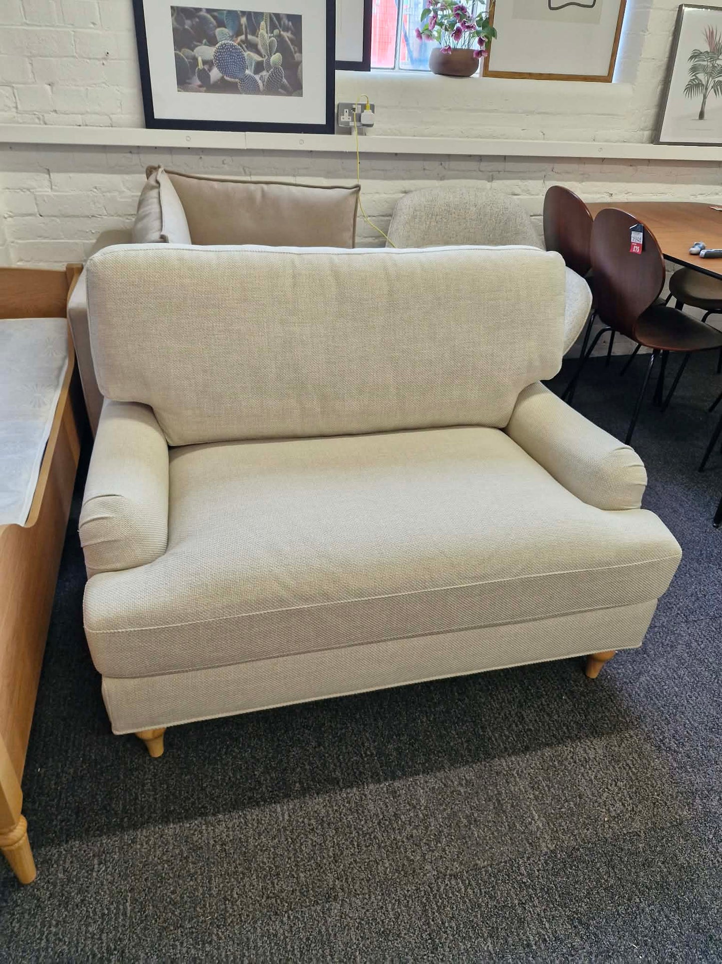 Beige and Oak Loveseat / Traditional Style Cuddle Chair
