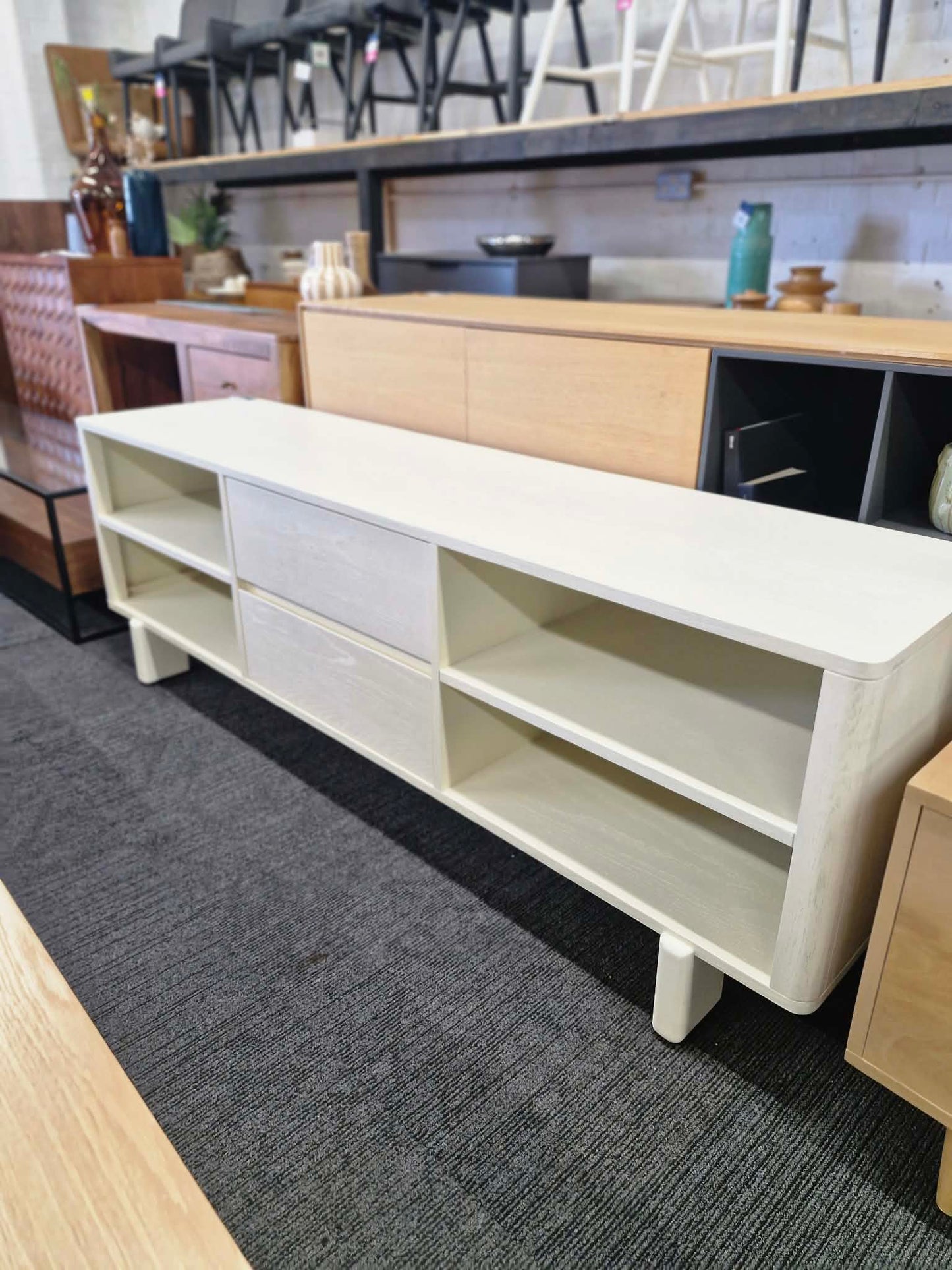 Off White Washed Wood Tv Stand / Sculptural Tv Unit with block legs