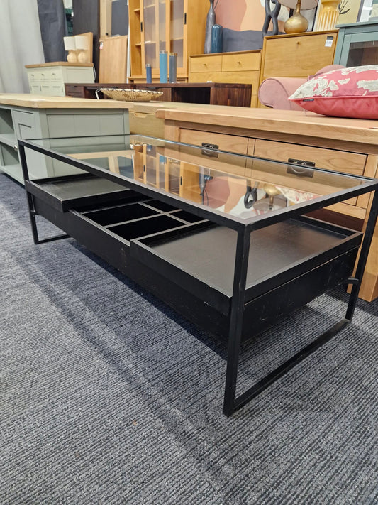 Black Storage Coffee Table / Metal, Wood and Glass with removable trays